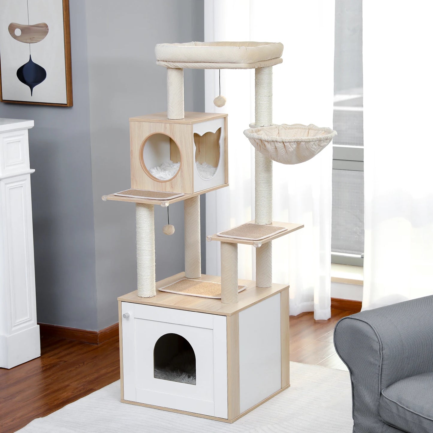 Tour en bois multi-niveaux pour chats d’intérieur – Condo spacieux, hamac douillet, perchoir surélevé, griffoirs en sisal et jouets intégrés