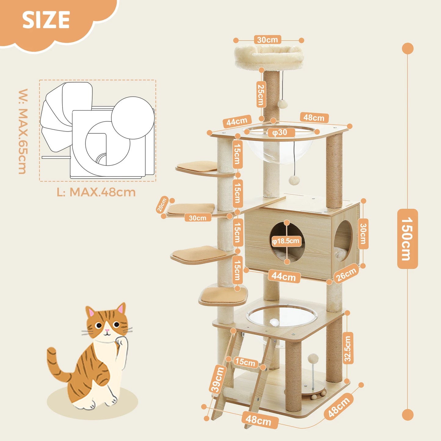 Arbre à chat en bois avec condo, hamac et griffoirs sisal XXL
