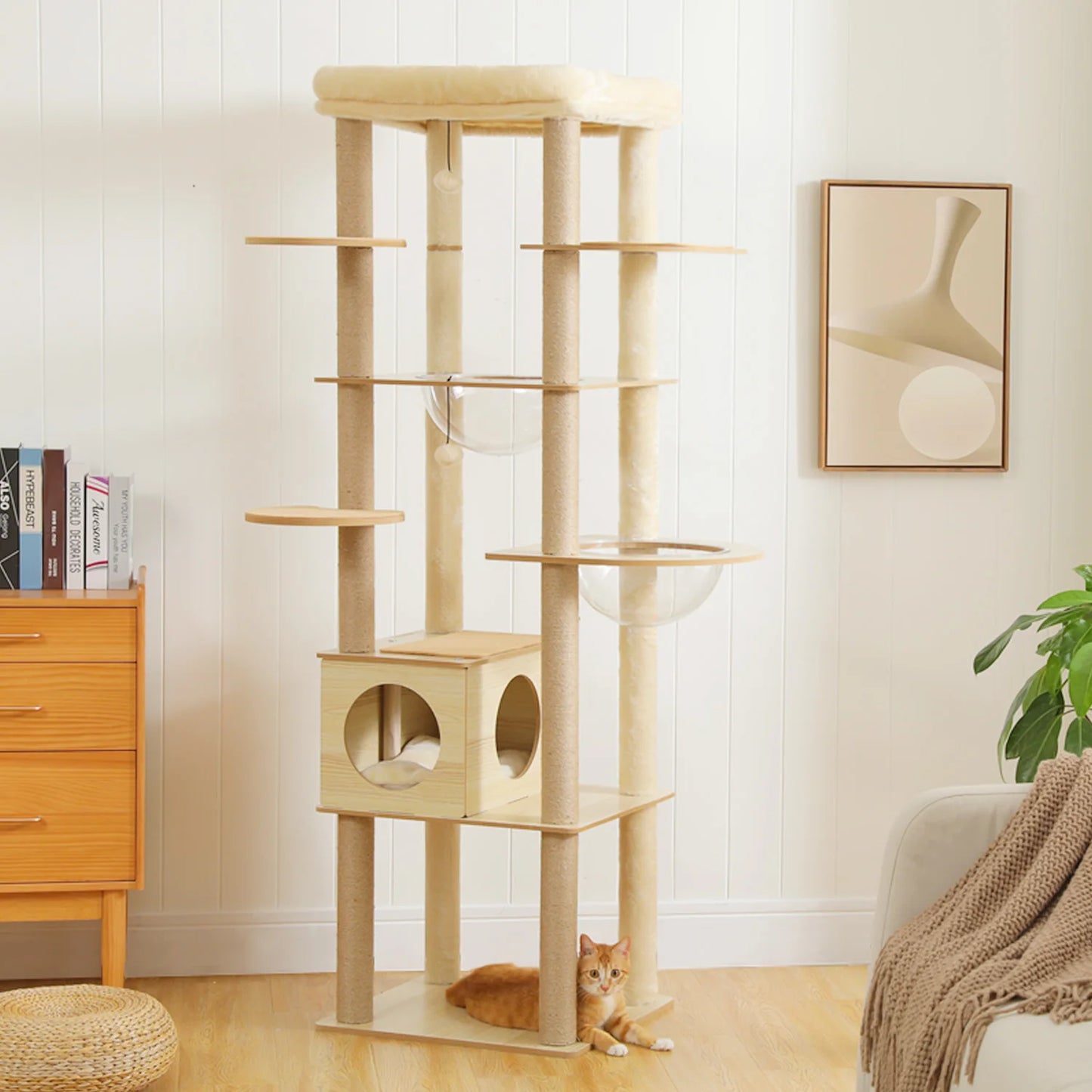 Tour en bois multi-niveaux pour chats d’intérieur – Maison spacieuse, hamac, perchoir, griffoirs en sisal et jouets intégrés