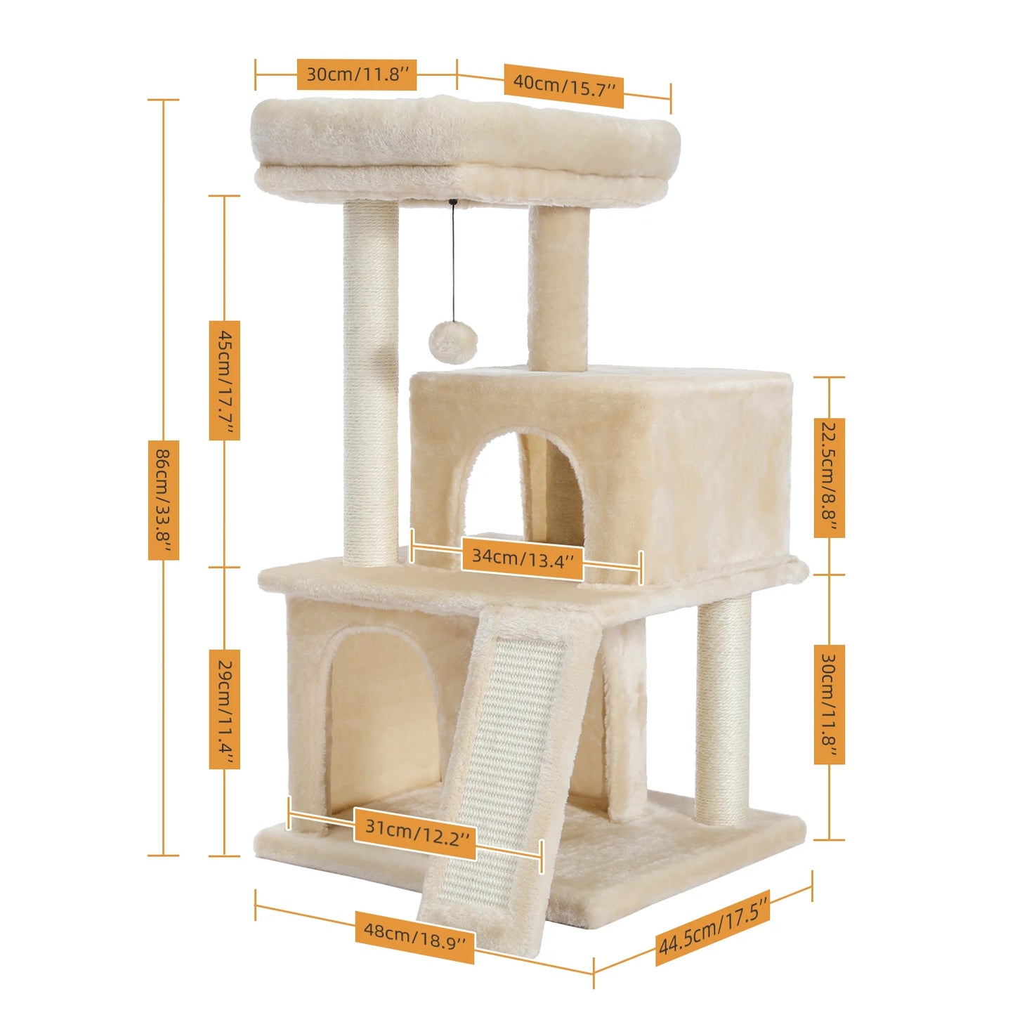 Tour en bois pour chats avec double condos – Perchoir spacieux, poteaux à griffer en sisal et jouets suspendus remplaçables