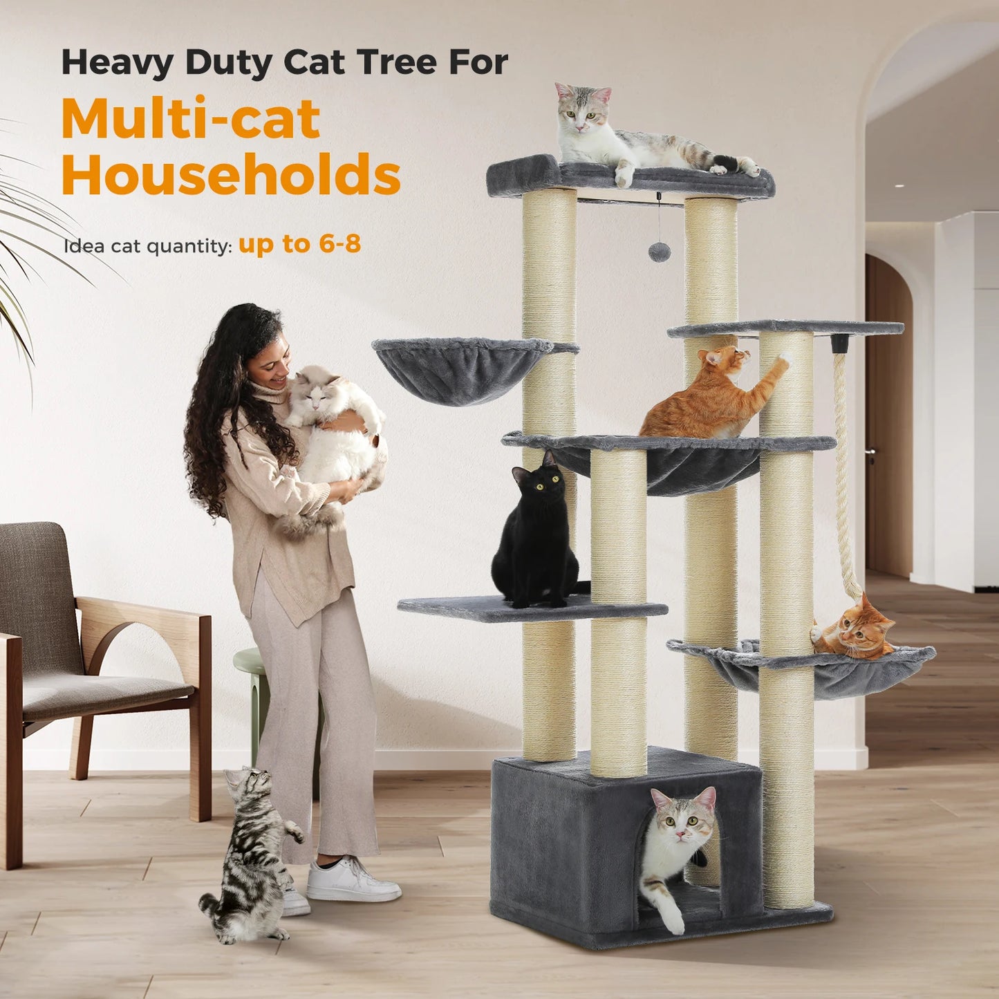 Arbre à chat XXL robuste pour grands chats – Tour avec maison, hamac, griffoirs en sisal et perchoirs multiples