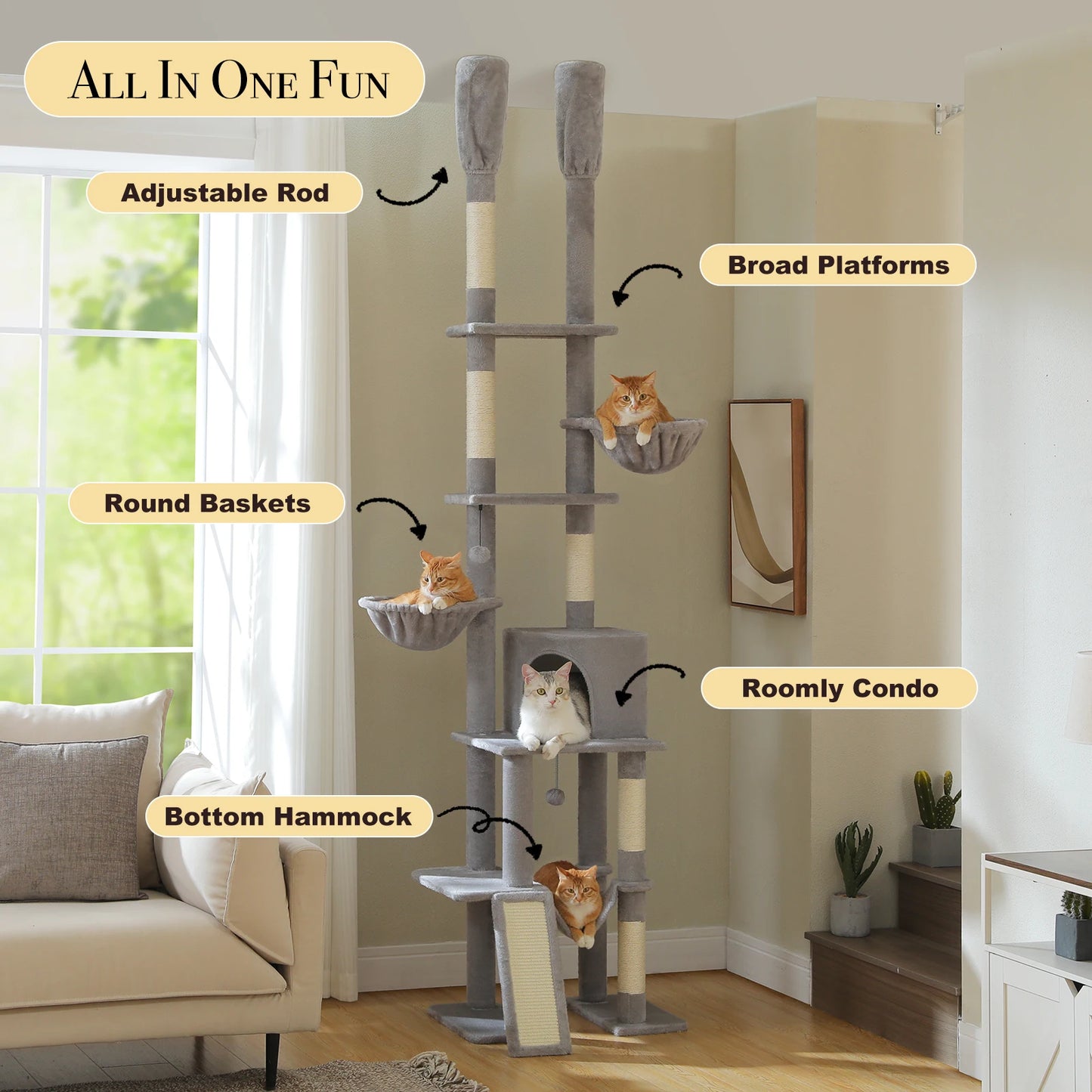 Arbre à chat fixation plafond – Tour avec griffoirs en sisal, condo douillet, hamac et hauteur réglable