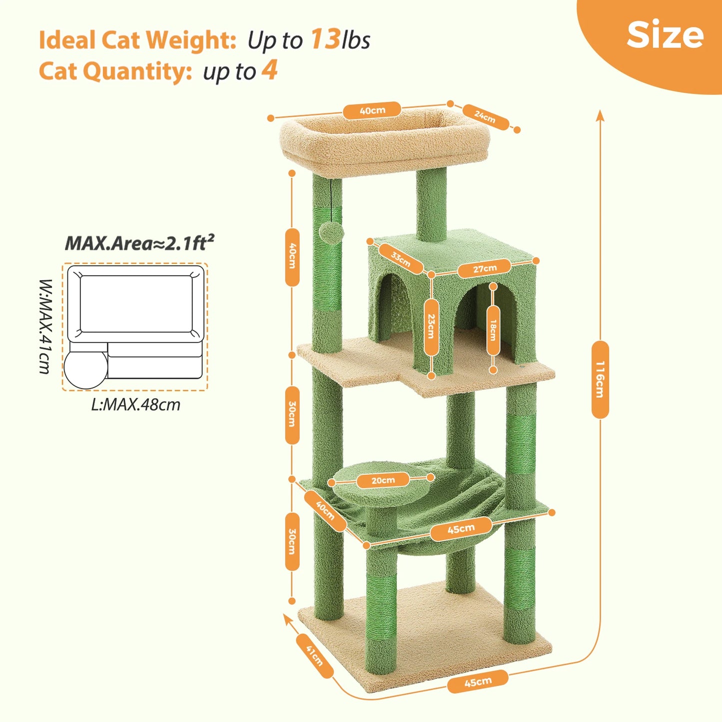 Arbre à chat 5 niveaux pour grands félins – Tour robuste avec cadre en métal, hamac XXL, condo spacieux et grand perchoir supérieur