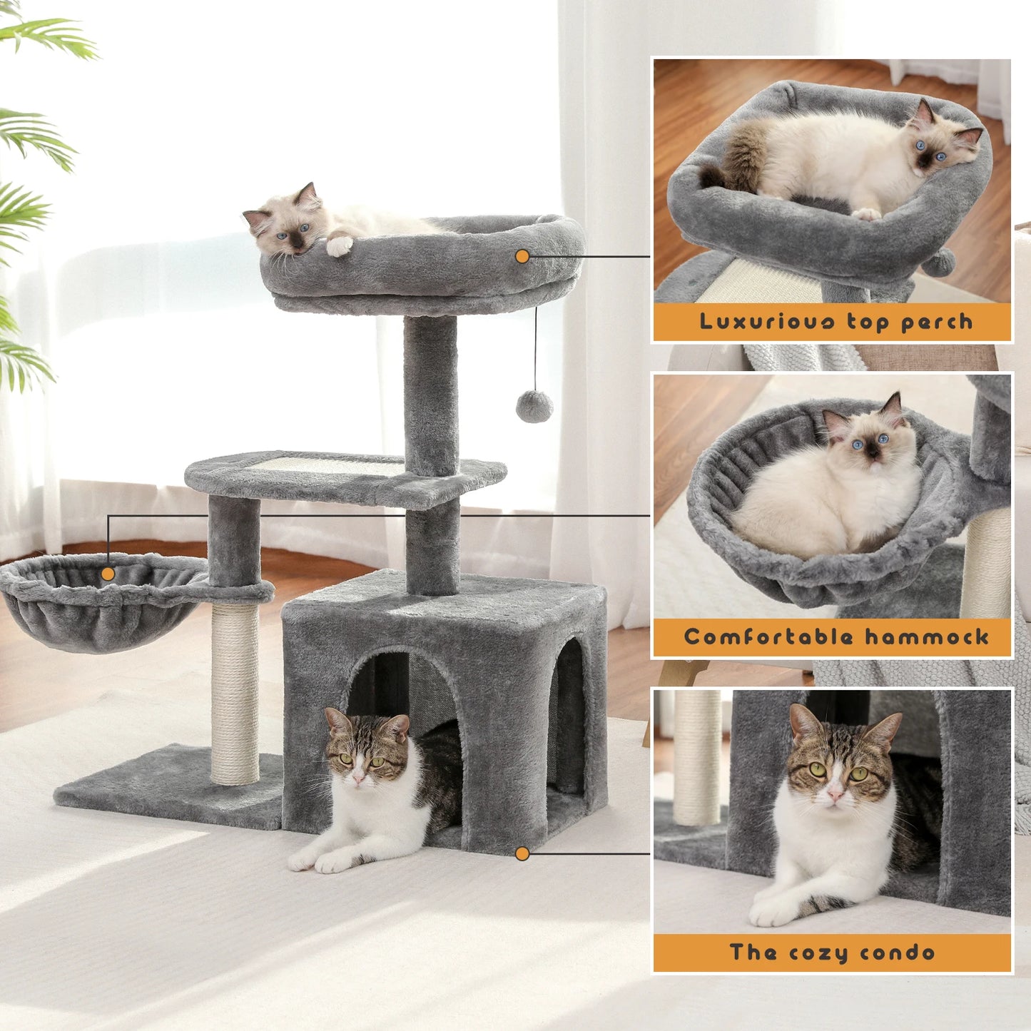 Petit arbre à chat avec griffoir en sisal naturel, grand perchoir et hamac douillet