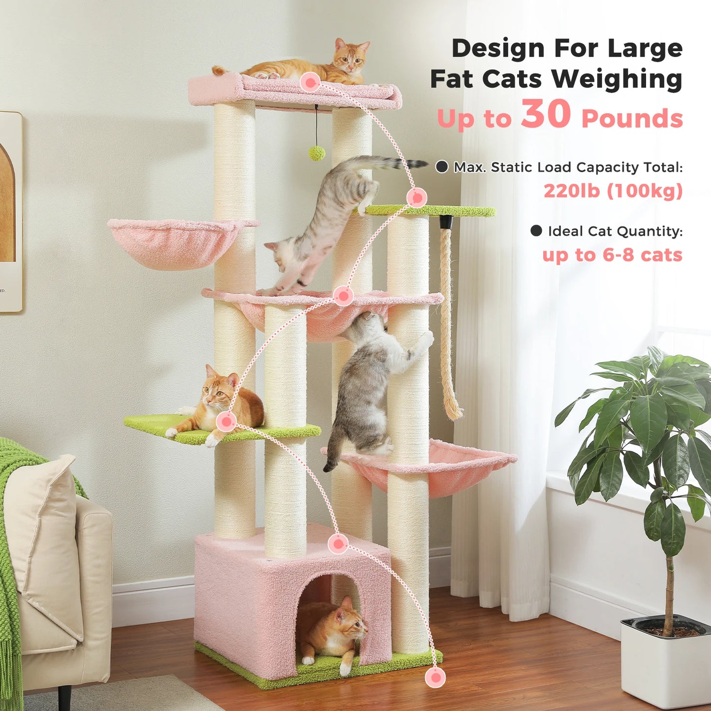 Arbre à chat XXL robuste pour grands chats – Tour avec maison, hamac, griffoirs en sisal et perchoirs multiples