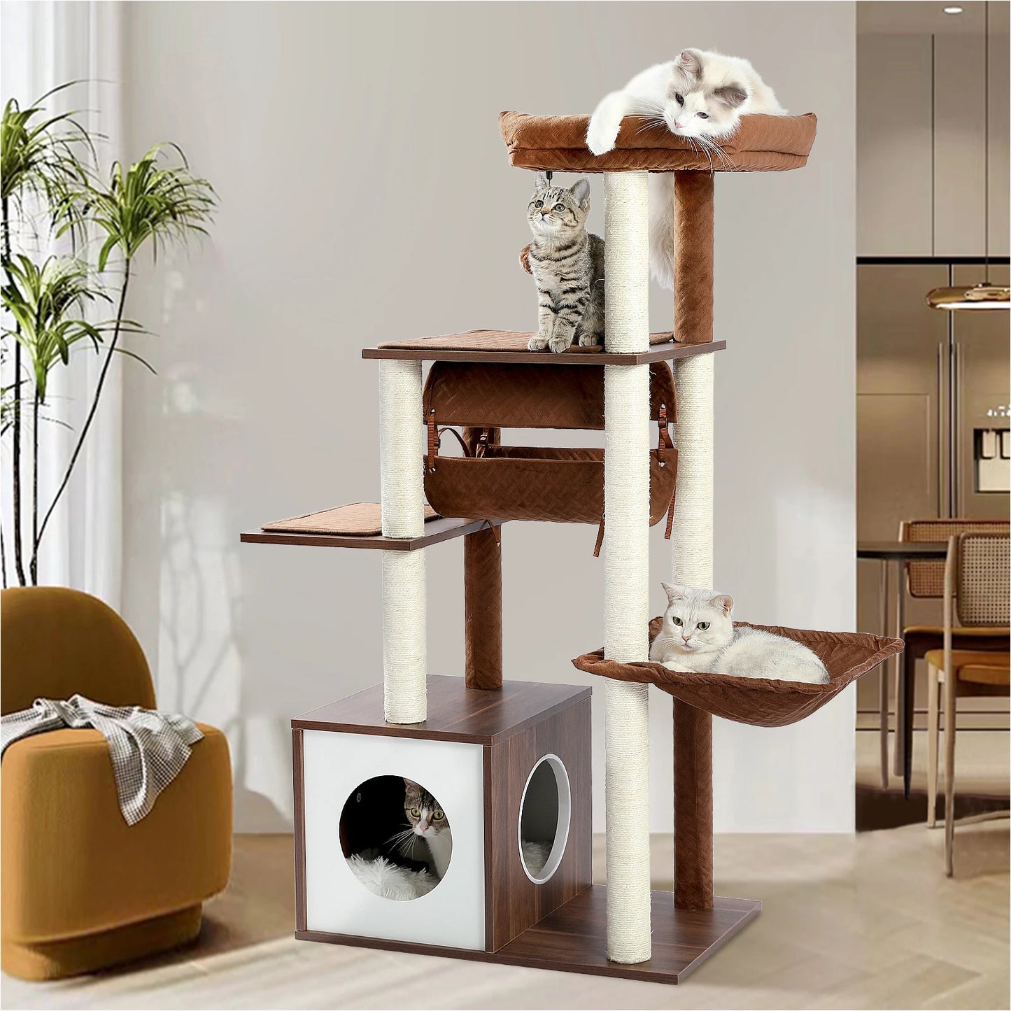 Arbre à chat moderne en bois pour chats d’intérieur – Tour avec condo douillet, hamac suspendu, tunnel de jeu, griffoirs en sisal et jouets intégrés
