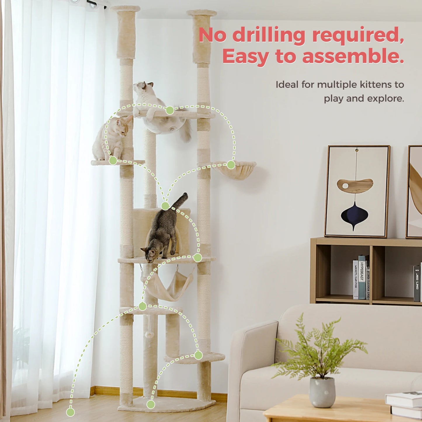 Arbre à chat fixation plafond – Tour avec griffoirs en sisal, condo douillet, hamac et hauteur réglable