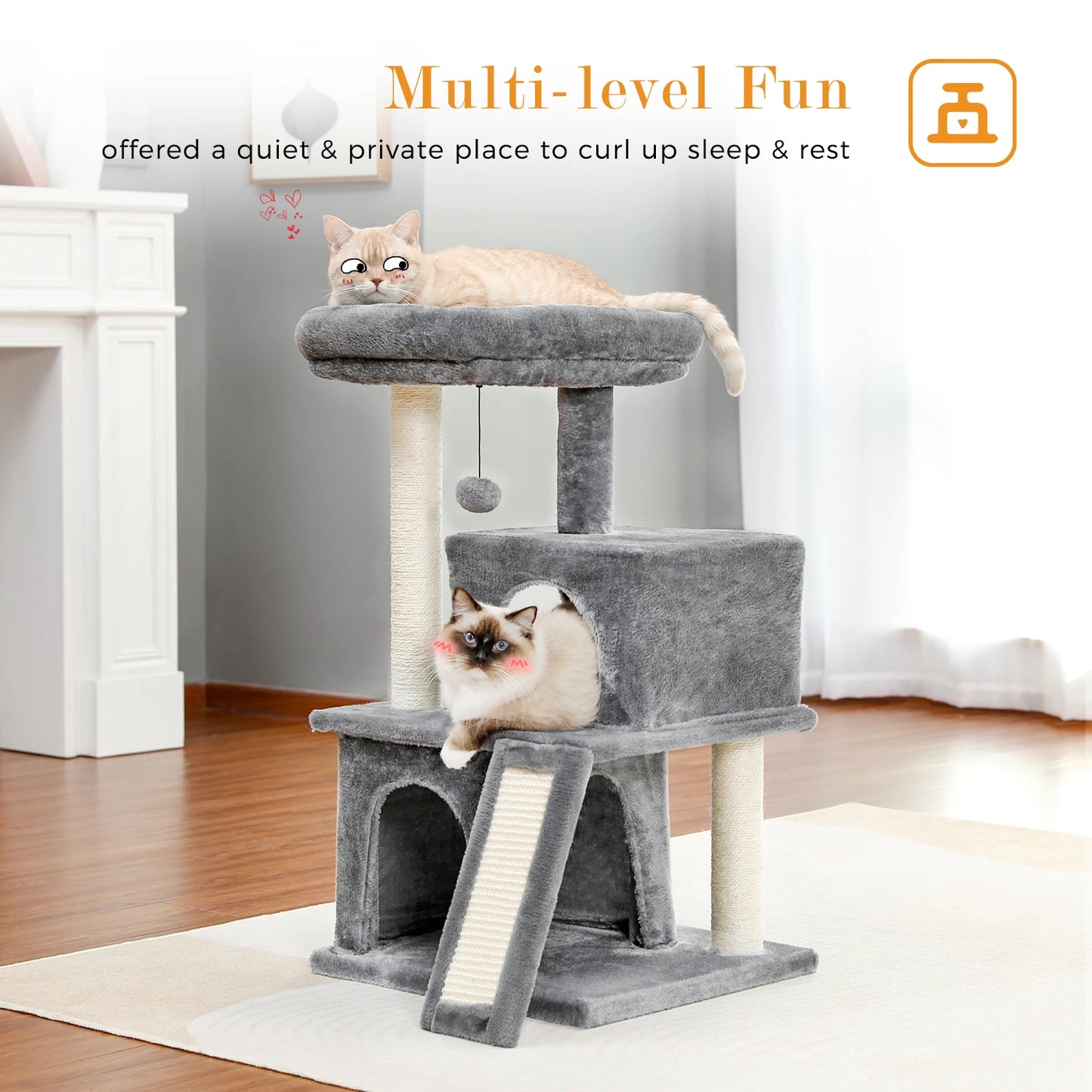 Tour en bois pour chats avec double condos – Perchoir spacieux, poteaux à griffer en sisal et jouets suspendus remplaçables