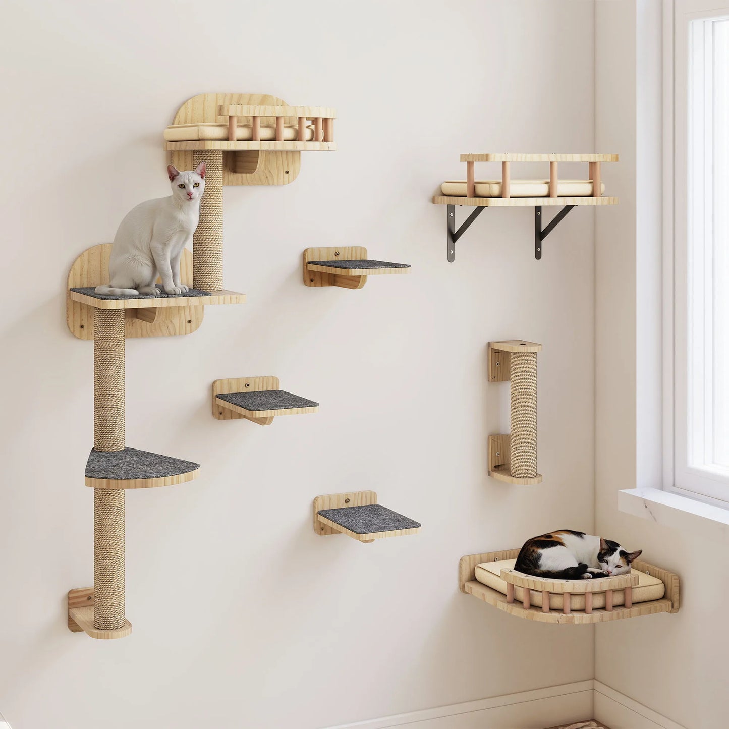 Griffoirs Muraux en Bois 7 pièces – Ensemble mural design pour chats