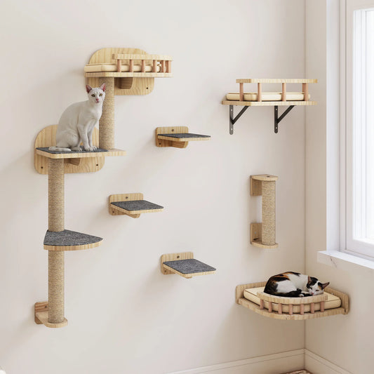 Griffoirs Muraux en Bois 7 pièces – Ensemble mural design pour chats