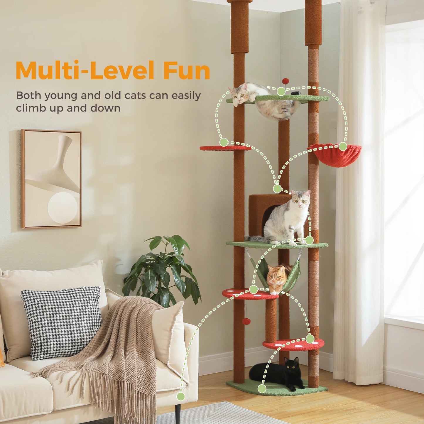 Arbre à chat fixation plafond – Tour avec griffoirs en sisal, condo douillet, hamac et hauteur réglable
