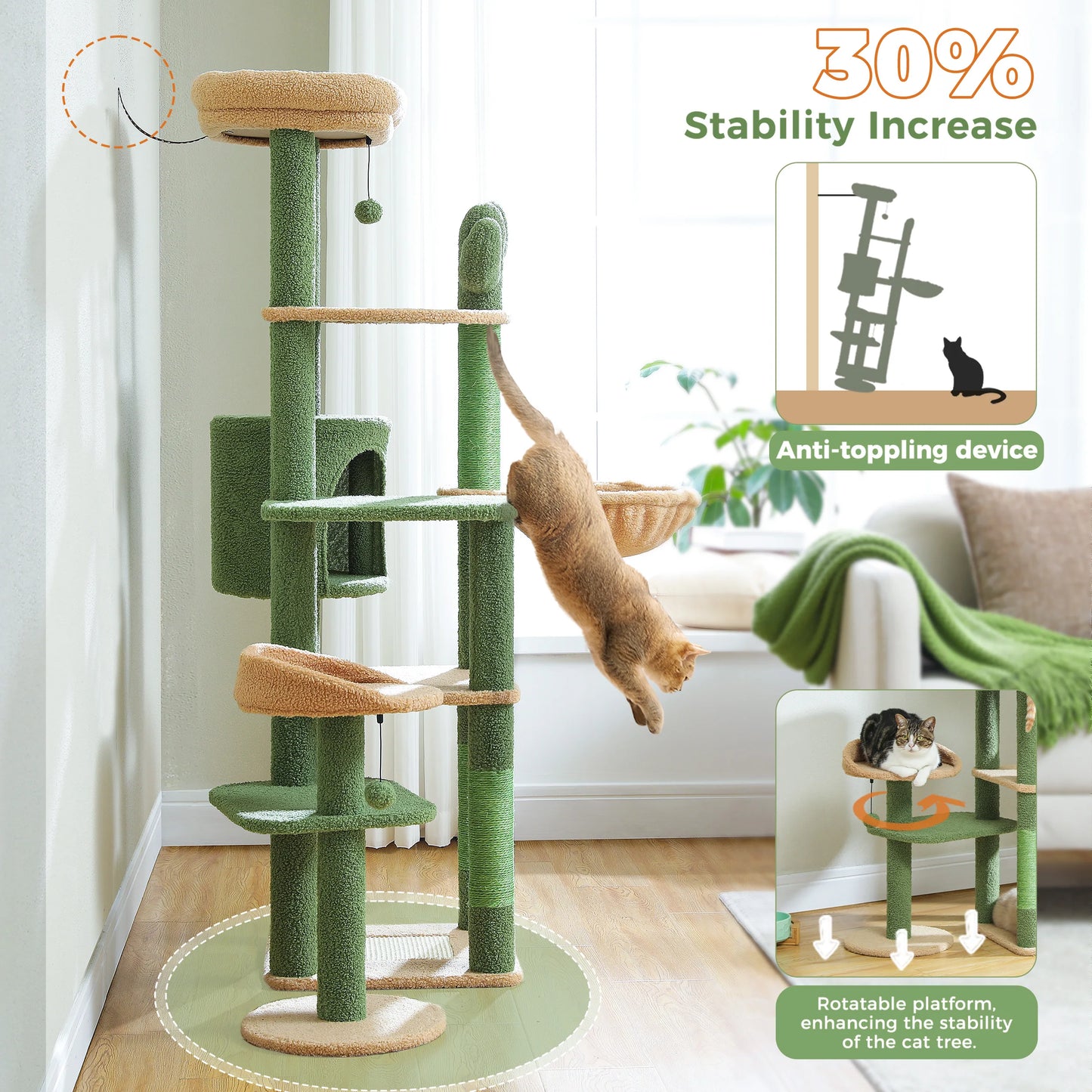 Arbre à chat XXL pour grands félins – Tour haute avec hamac géant, griffoirs en sisal et plateformes robustes