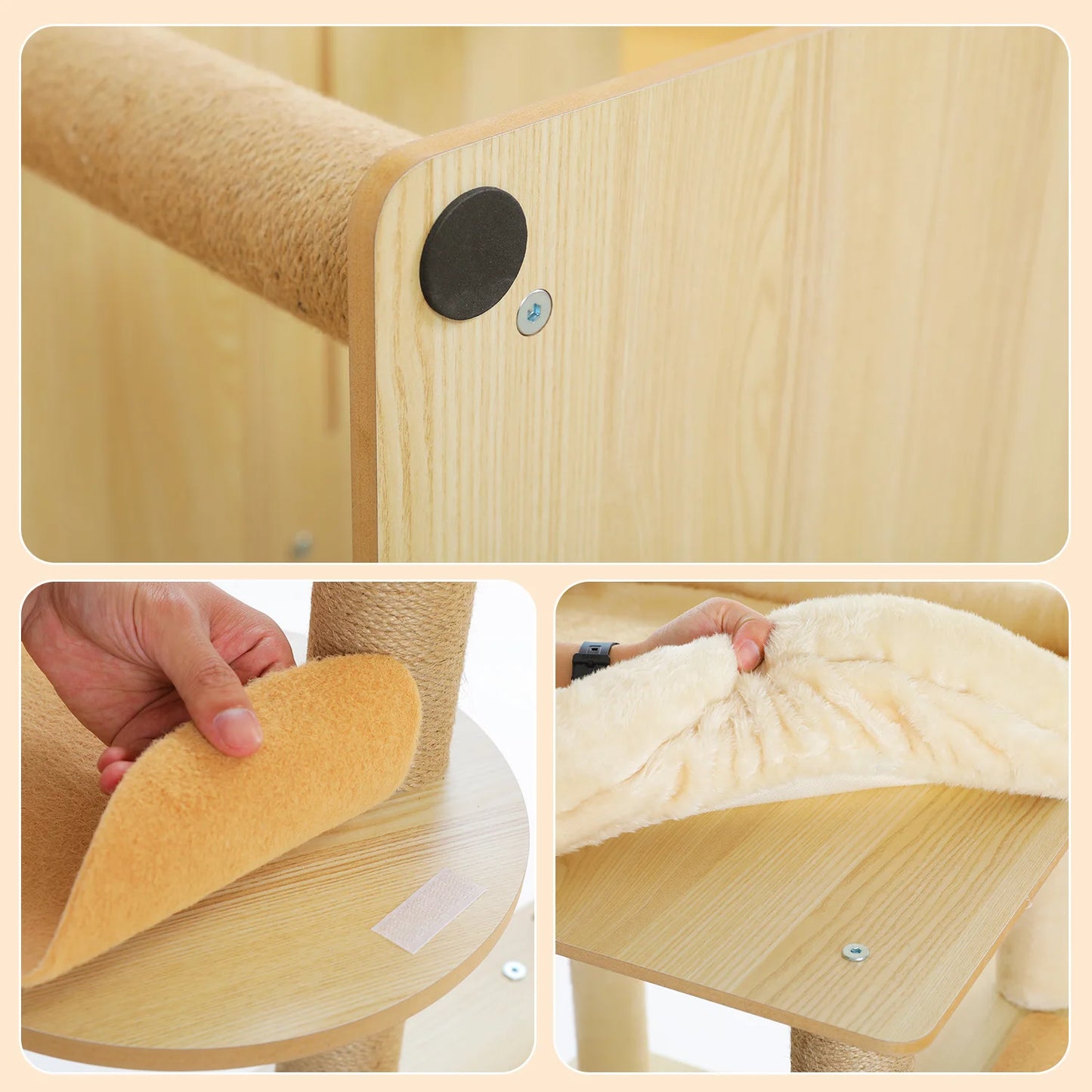 Tour en bois multi-niveaux pour chats d’intérieur – Maison spacieuse, hamac, perchoir, griffoirs en sisal et jouets intégrés