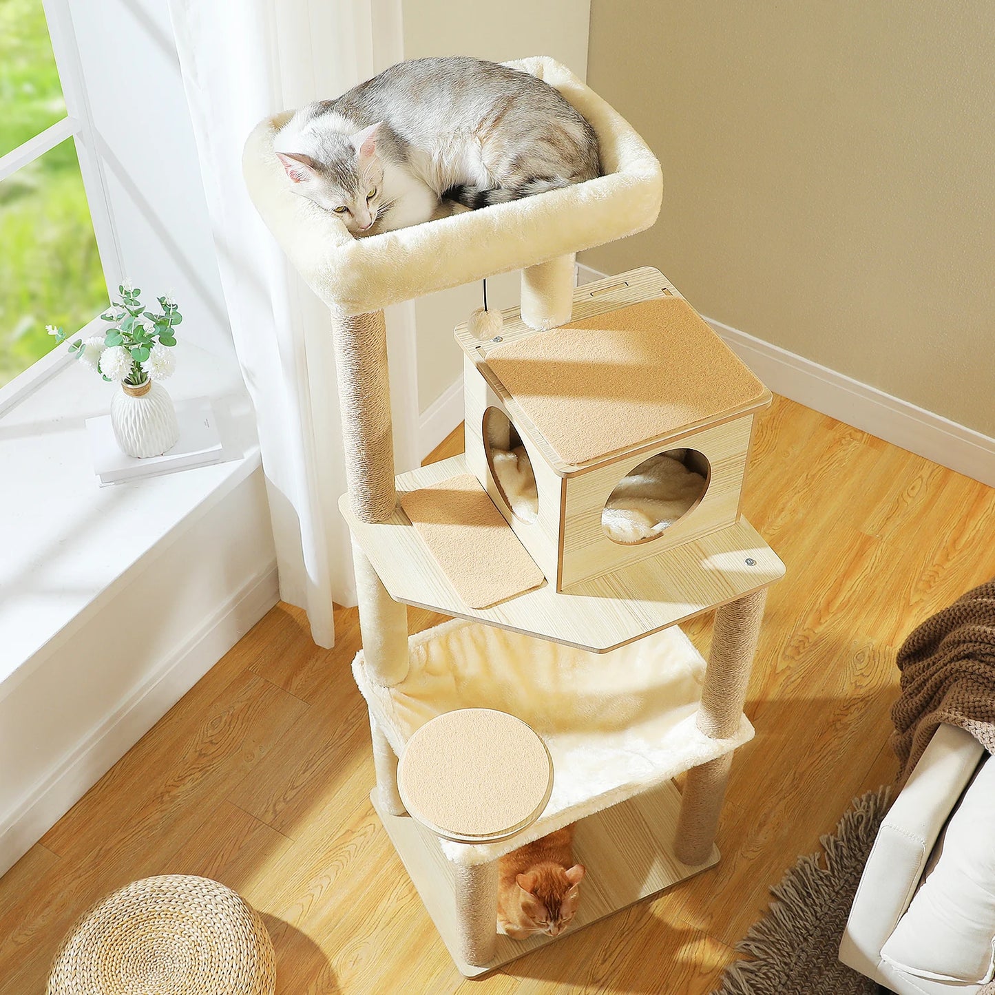Arbre à chat en bois avec hamac et griffoirs sisal pour grands chats