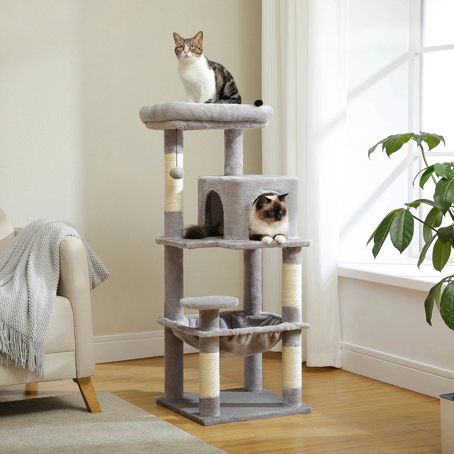 Arbre à chat 5 niveaux pour grands félins – Tour robuste avec cadre en métal, hamac XXL, condo spacieux et grand perchoir supérieur