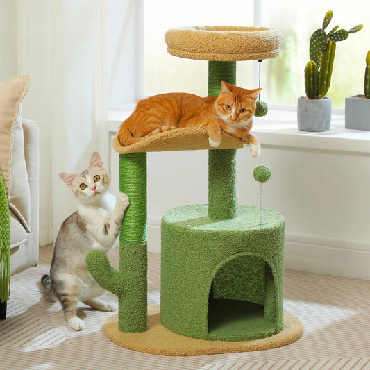 Arbre à chat en forme de cactus – Tour compacte avec condo douillet, perchoir incurvé, coussin amovible, griffoirs en sisal et jouets intégrés
