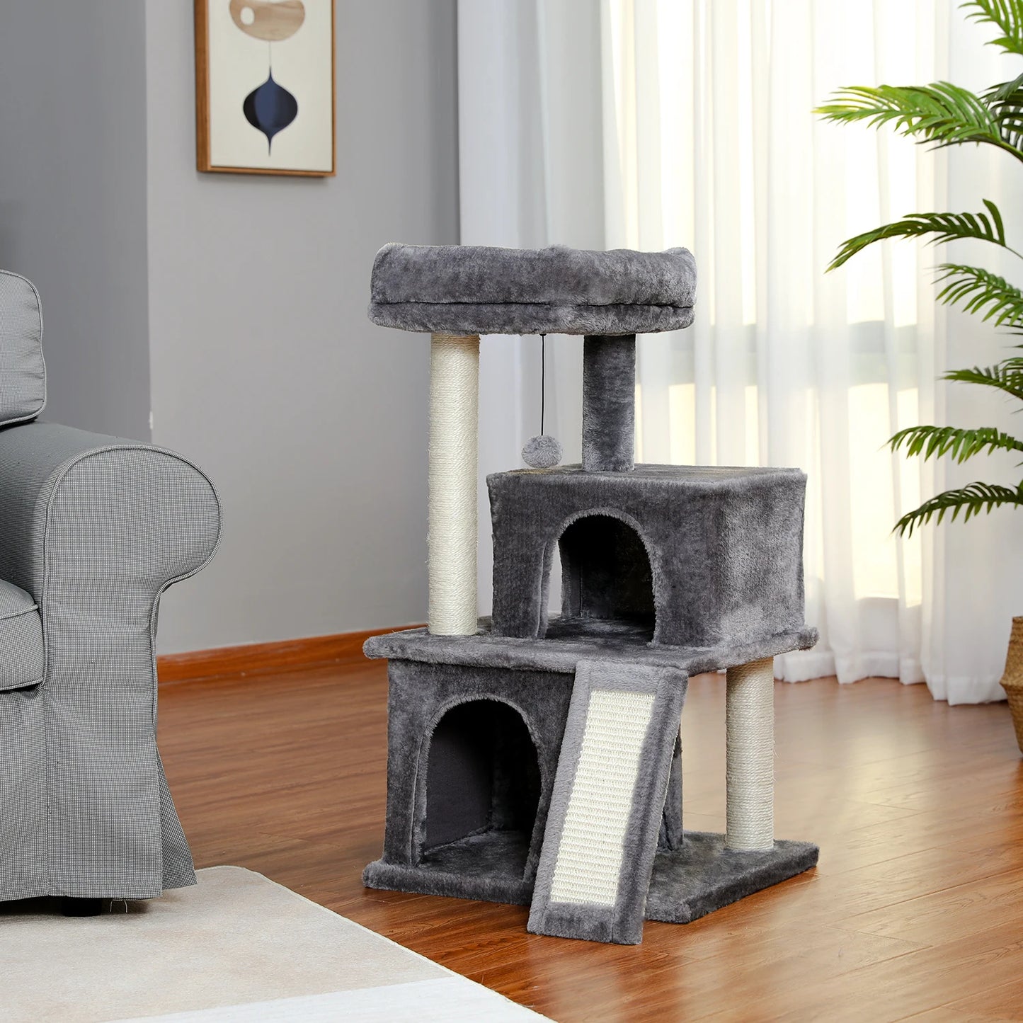Tour en bois pour chats avec double condos – Perchoir spacieux, poteaux à griffer en sisal et jouets suspendus remplaçables
