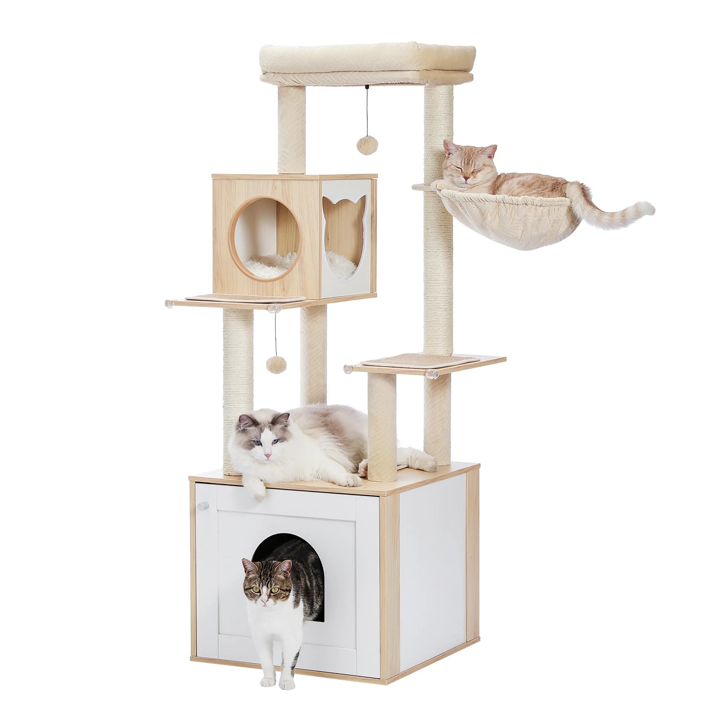 Tour en bois multi-niveaux pour chats d’intérieur – Condo spacieux, hamac douillet, perchoir surélevé, griffoirs en sisal et jouets intégrés