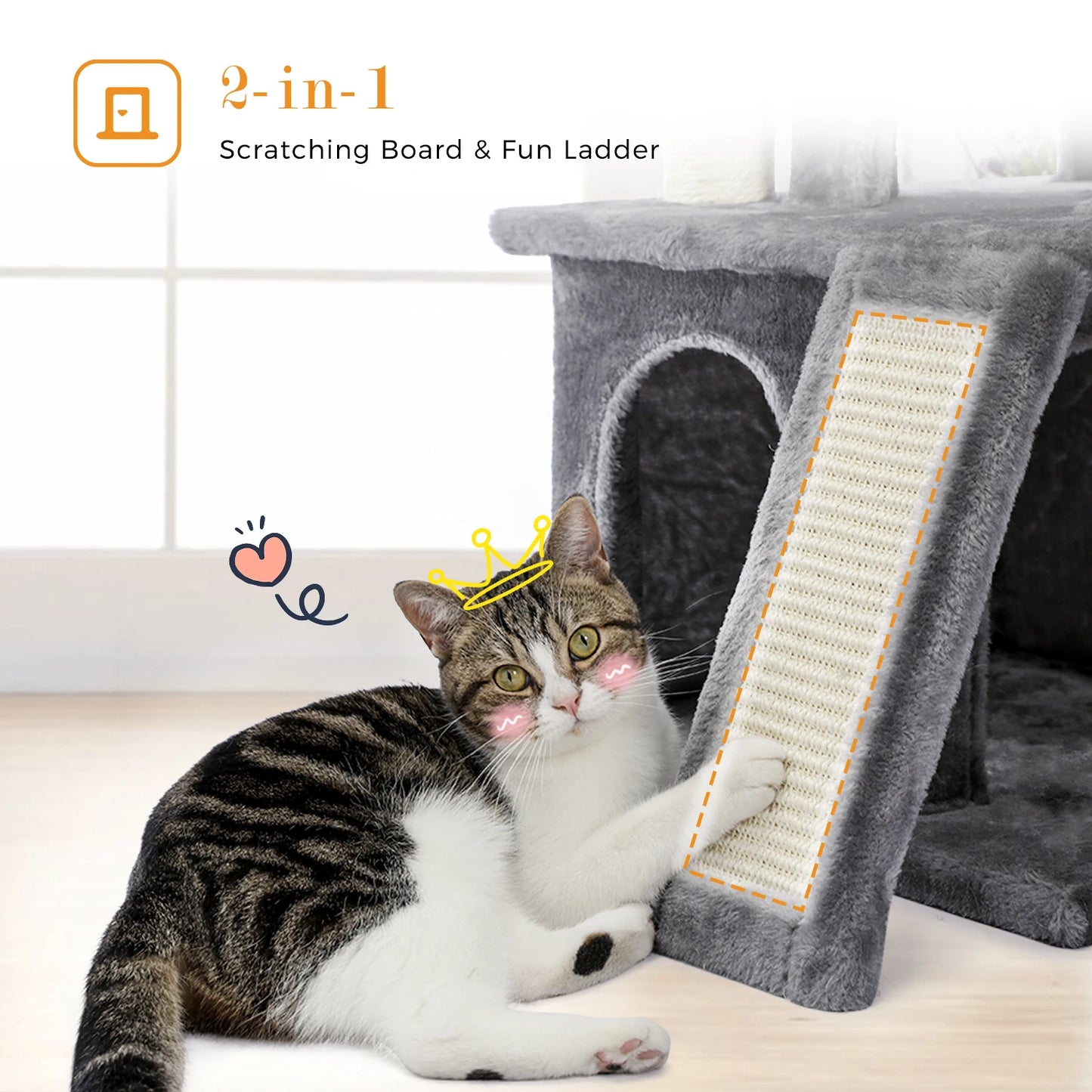 Tour en bois pour chats avec double condos – Perchoir spacieux, poteaux à griffer en sisal et jouets suspendus remplaçables