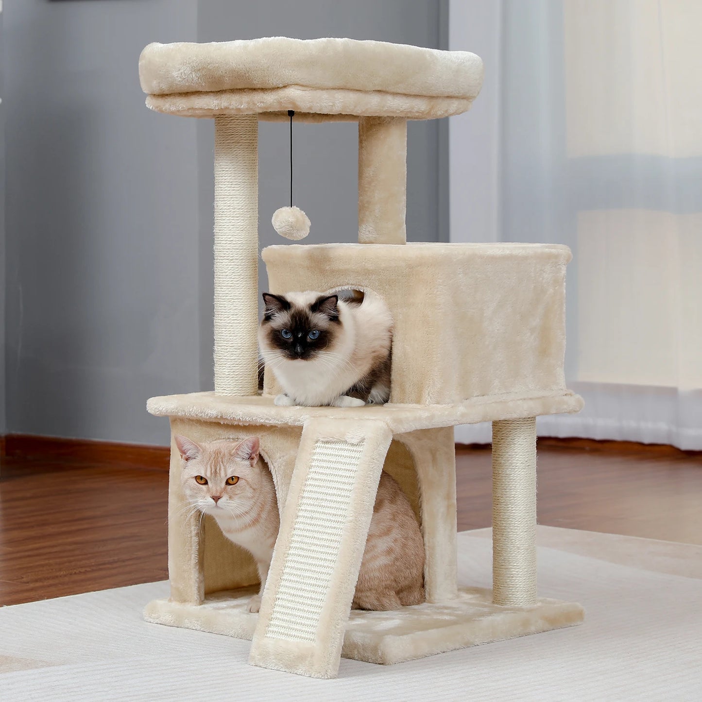 Tour en bois pour chats avec double condos – Perchoir spacieux, poteaux à griffer en sisal et jouets suspendus remplaçables