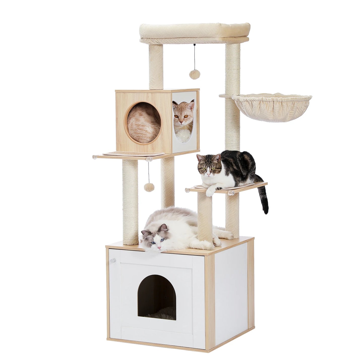 Tour en bois multi-niveaux pour chats d’intérieur – Condo spacieux, hamac douillet, perchoir surélevé, griffoirs en sisal et jouets intégrés