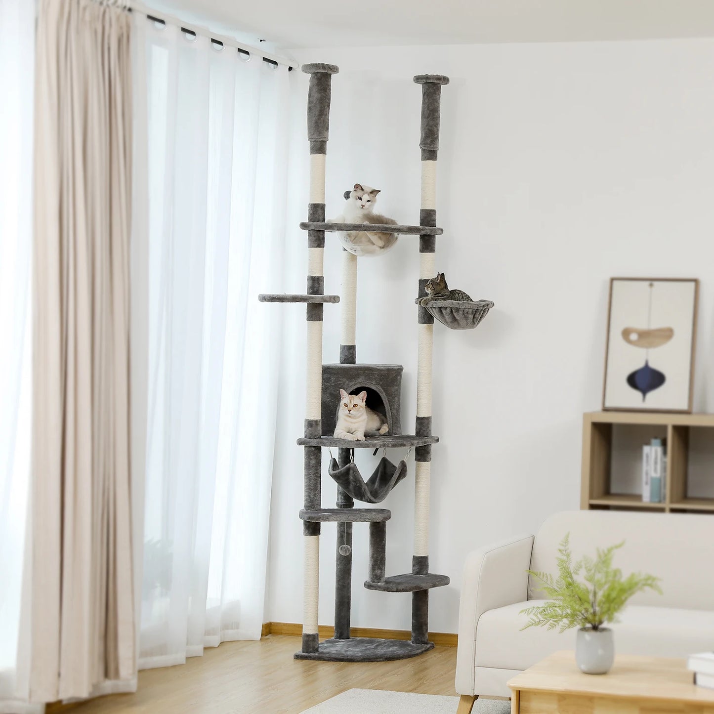 Arbre à chat fixation plafond – Tour avec griffoirs en sisal, condo douillet, hamac et hauteur réglable