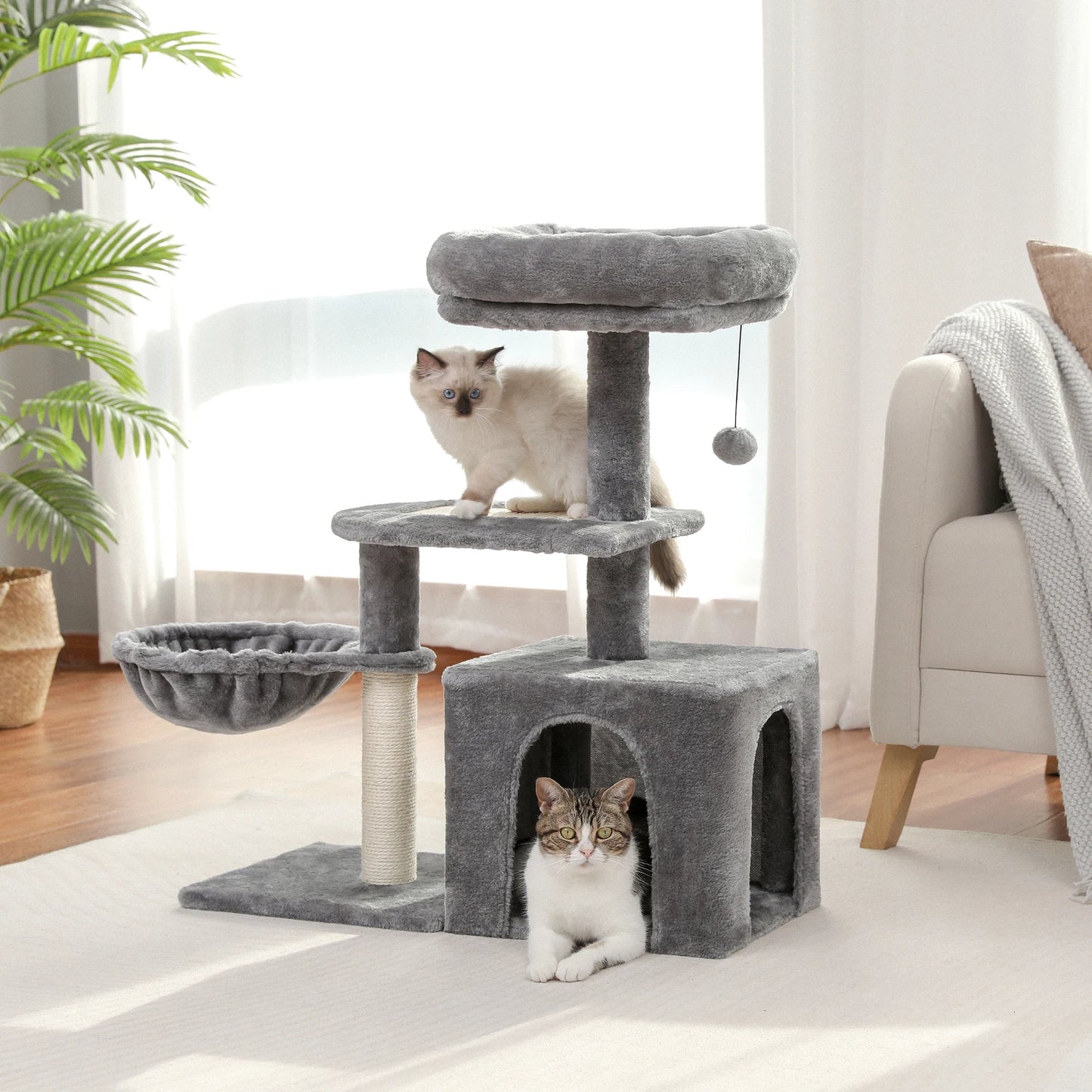 Petit arbre à chat avec griffoir en sisal naturel, grand perchoir et hamac douillet