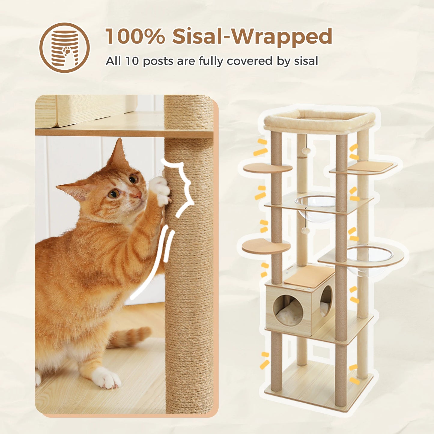 Arbre à chat en bois avec condo spacieux, hamac et griffoirs XXL