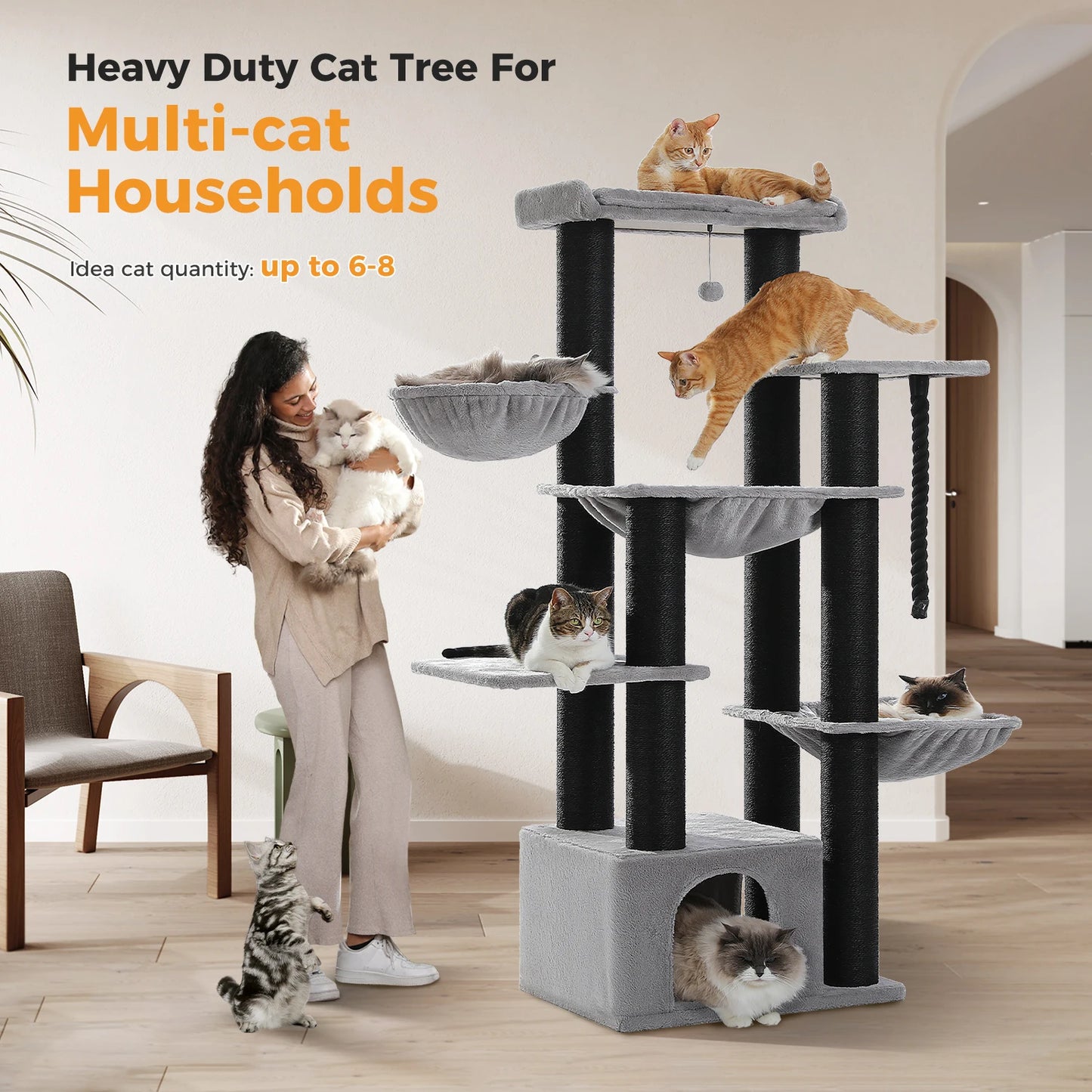 Arbre à chat XXL robuste pour grands chats – Tour avec maison, hamac, griffoirs en sisal et perchoirs multiples