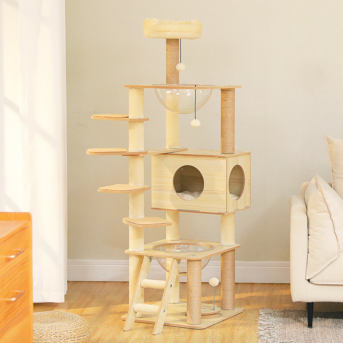 Arbre à chat en bois avec condo, hamac et griffoirs sisal XXL