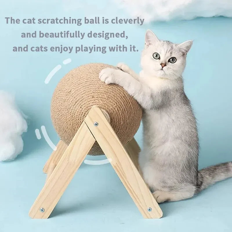 Griffoir balle en sisal pour chat – Jouet rotatif sur support en bois