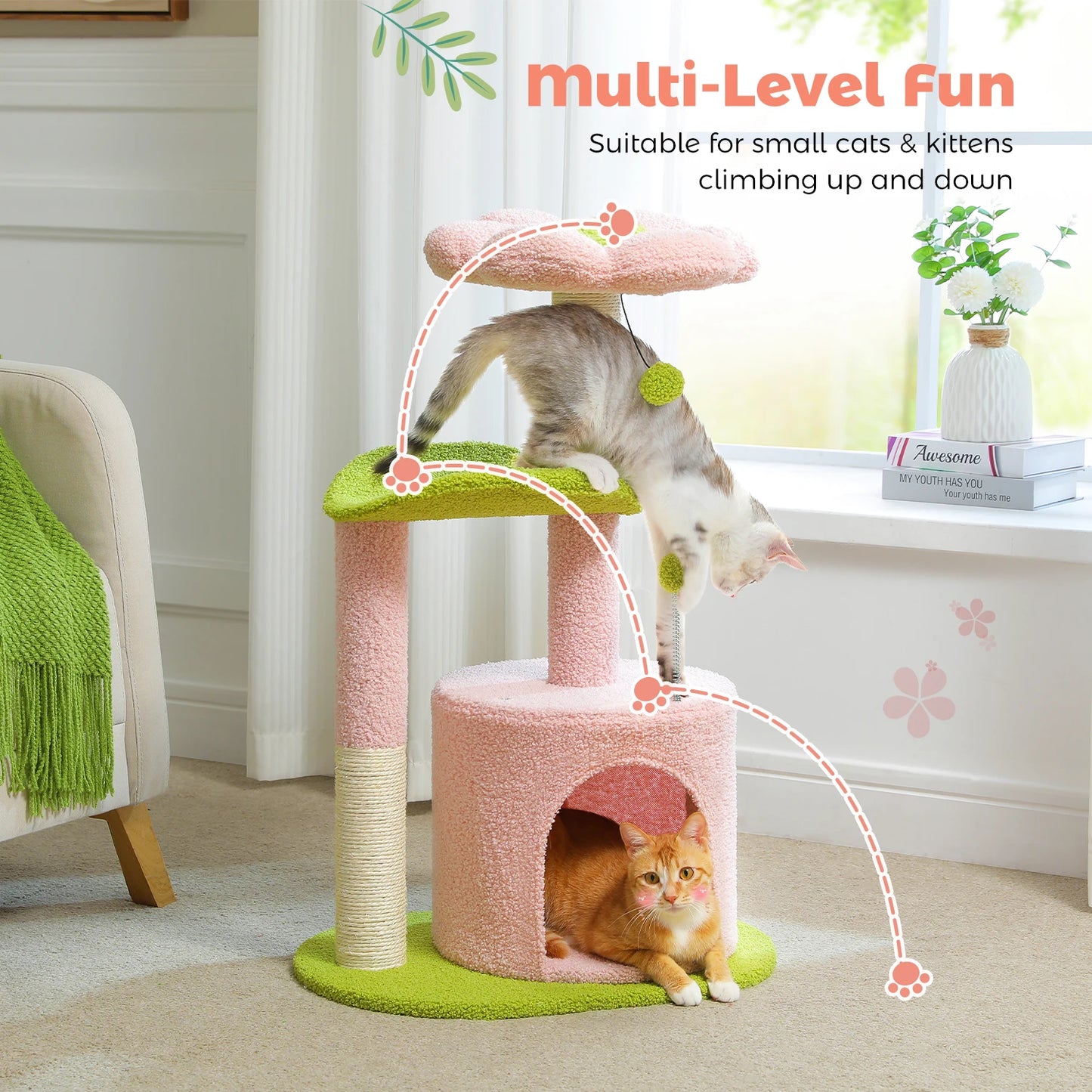 Arbre à chat en forme de cactus – Tour compacte avec condo douillet, perchoir incurvé, coussin amovible, griffoirs en sisal et jouets intégrés