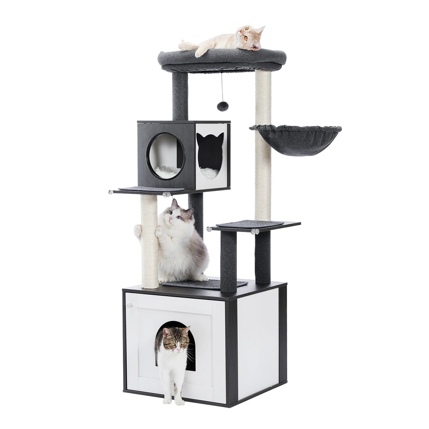 Tour en bois multi-niveaux pour chats d’intérieur – Condo spacieux, hamac douillet, perchoir surélevé, griffoirs en sisal et jouets intégrés