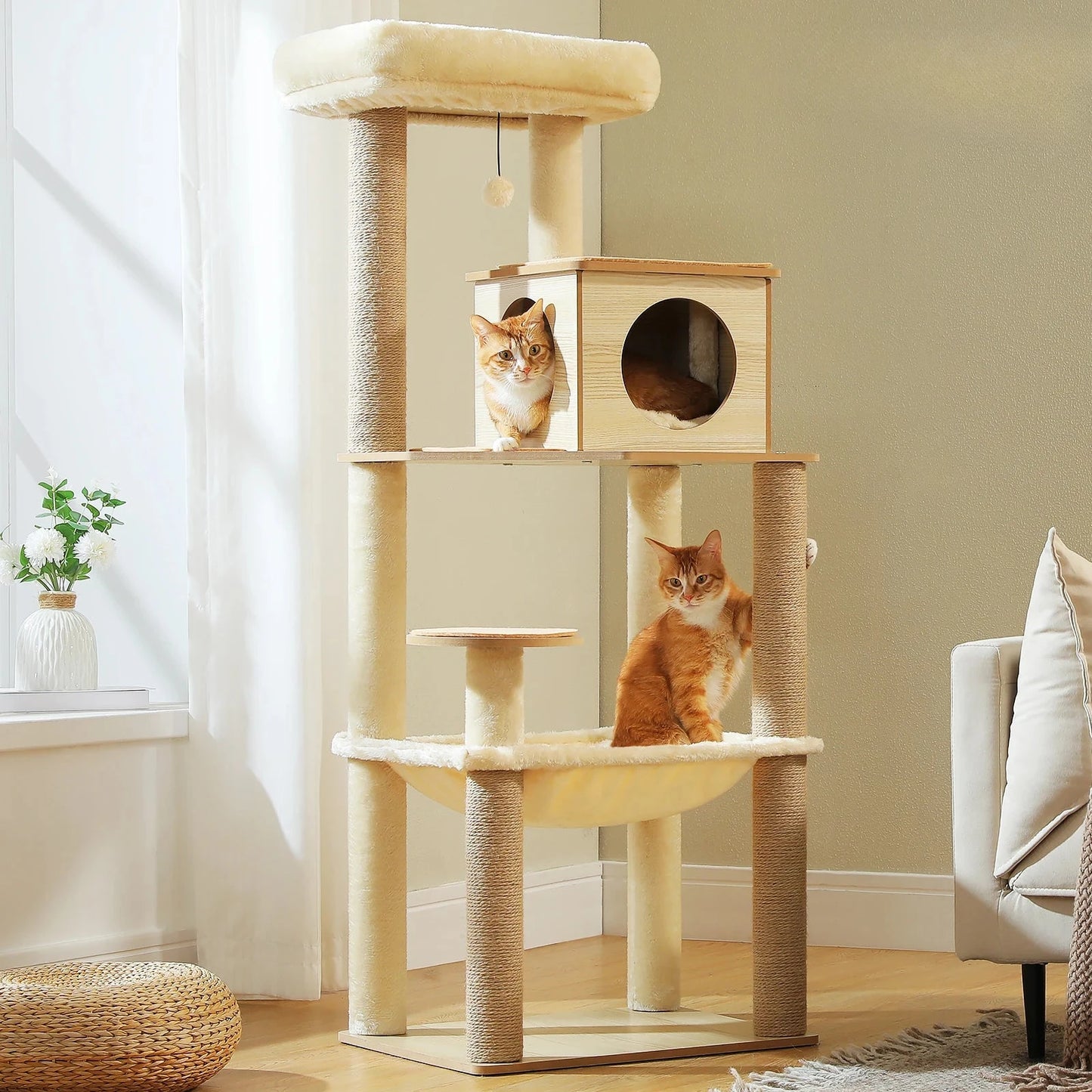 Arbre à chat en bois avec hamac et griffoirs sisal pour grands chats