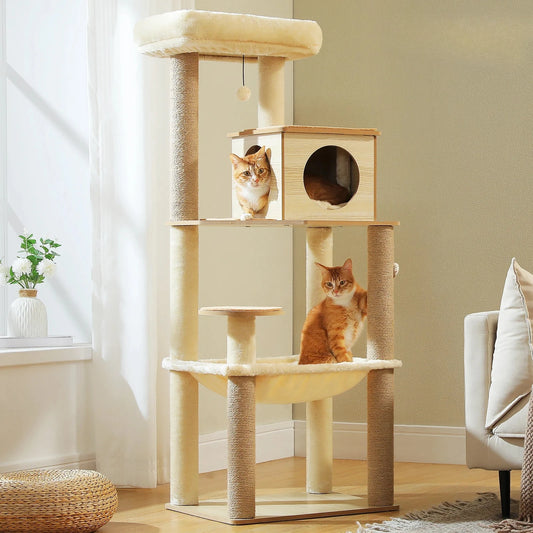 Arbre à chat en bois avec hamac et griffoirs sisal pour grands chats