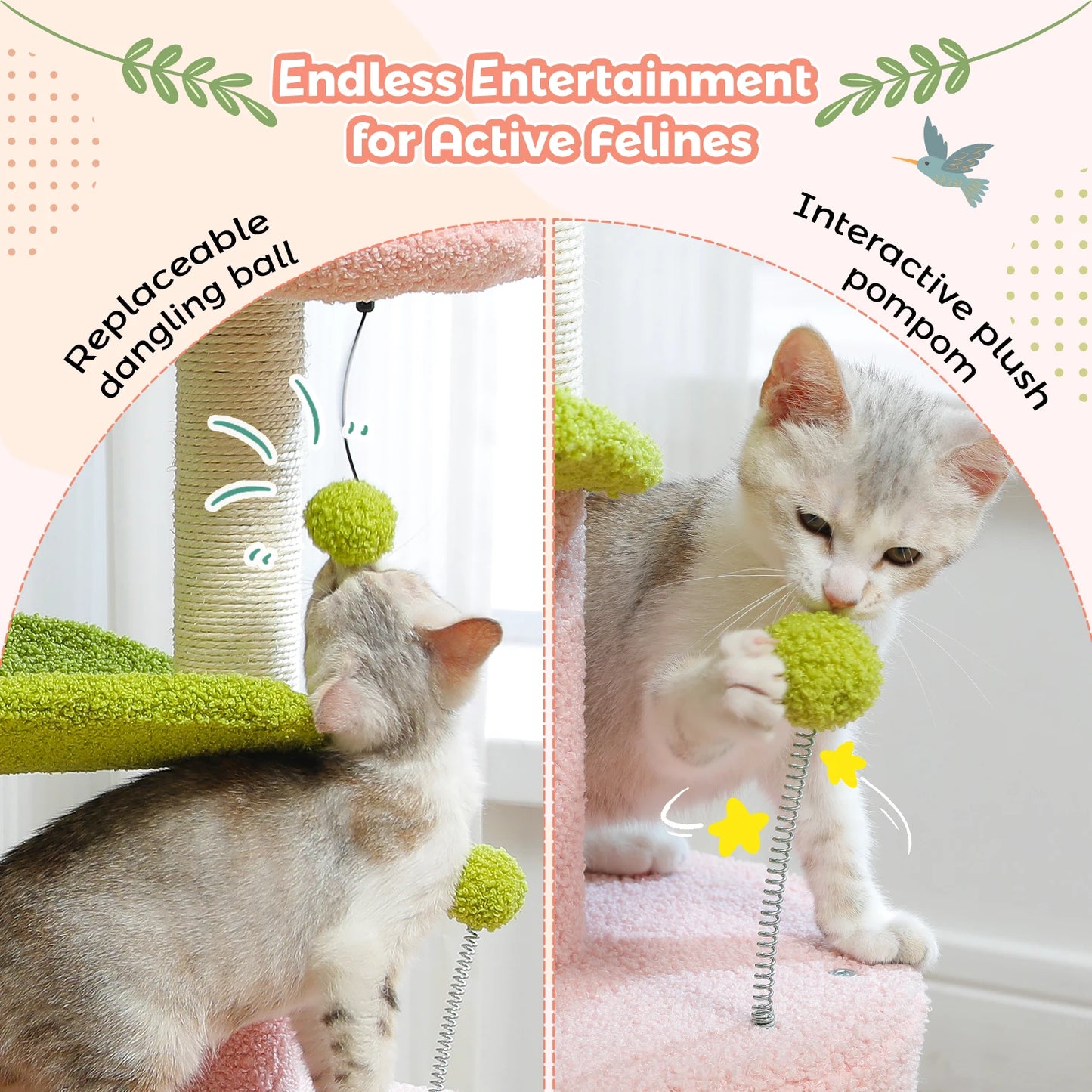 Arbre à chat en forme de cactus – Tour compacte avec condo douillet, perchoir incurvé, coussin amovible, griffoirs en sisal et jouets intégrés