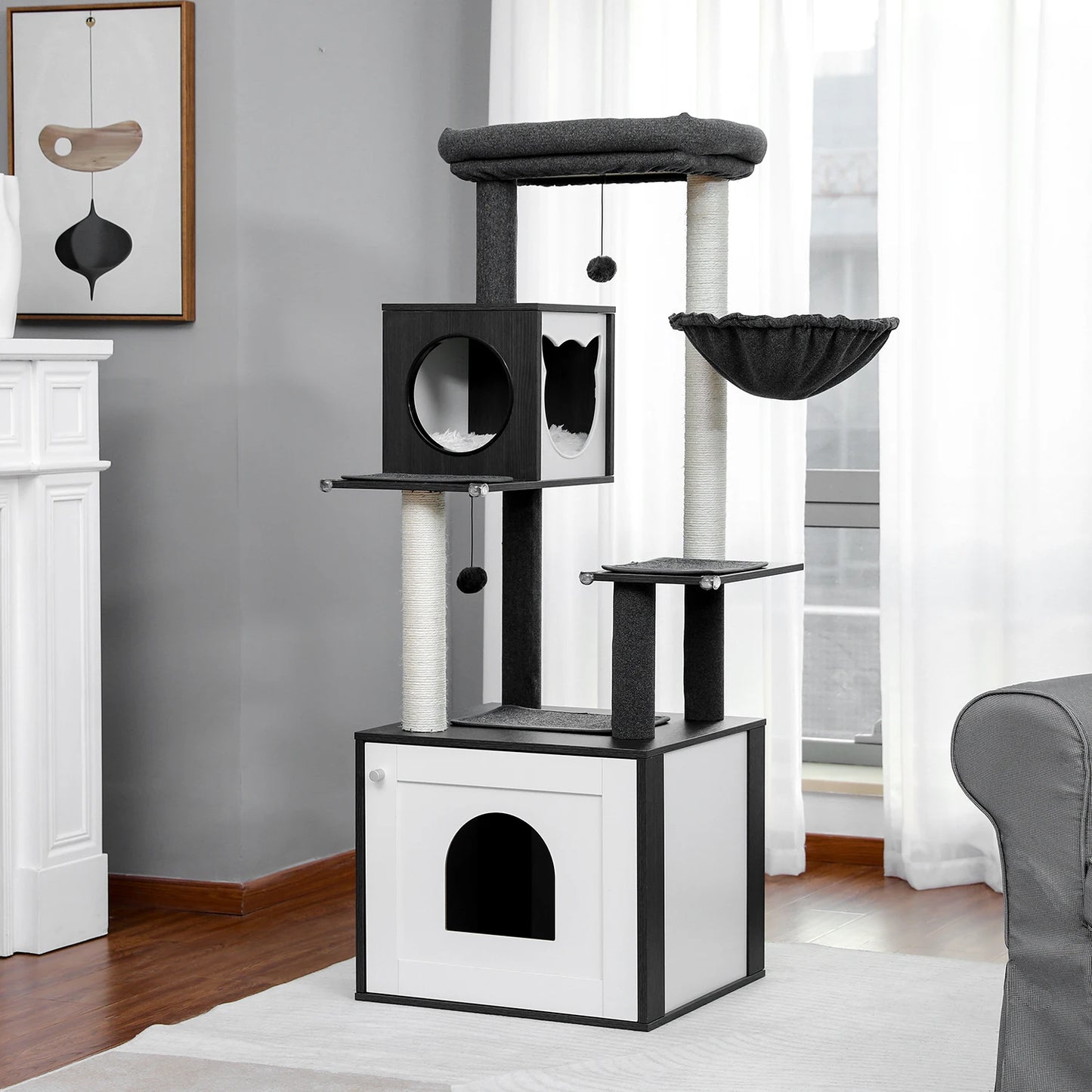 Tour en bois multi-niveaux pour chats d’intérieur – Condo spacieux, hamac douillet, perchoir surélevé, griffoirs en sisal et jouets intégrés
