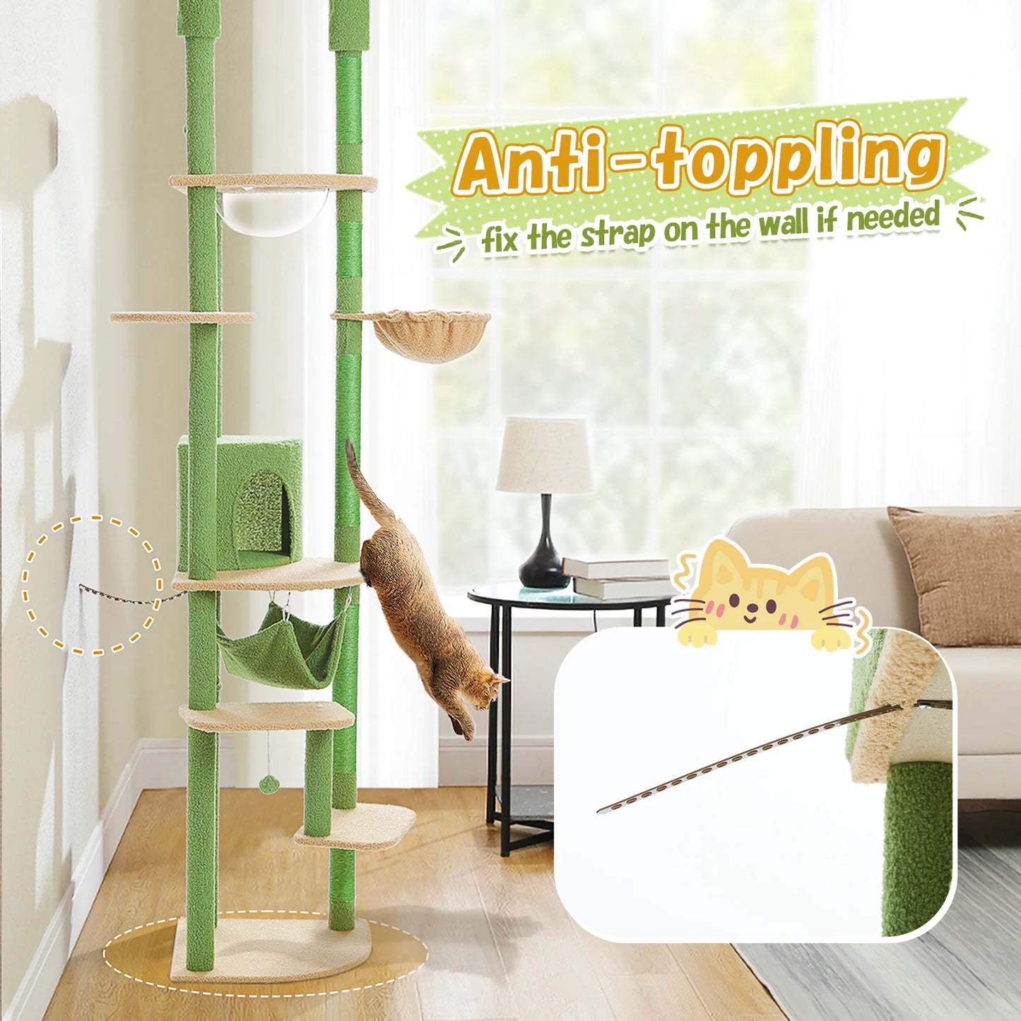 Arbre à chat fixation plafond – Tour avec griffoirs en sisal, condo douillet, hamac et hauteur réglable