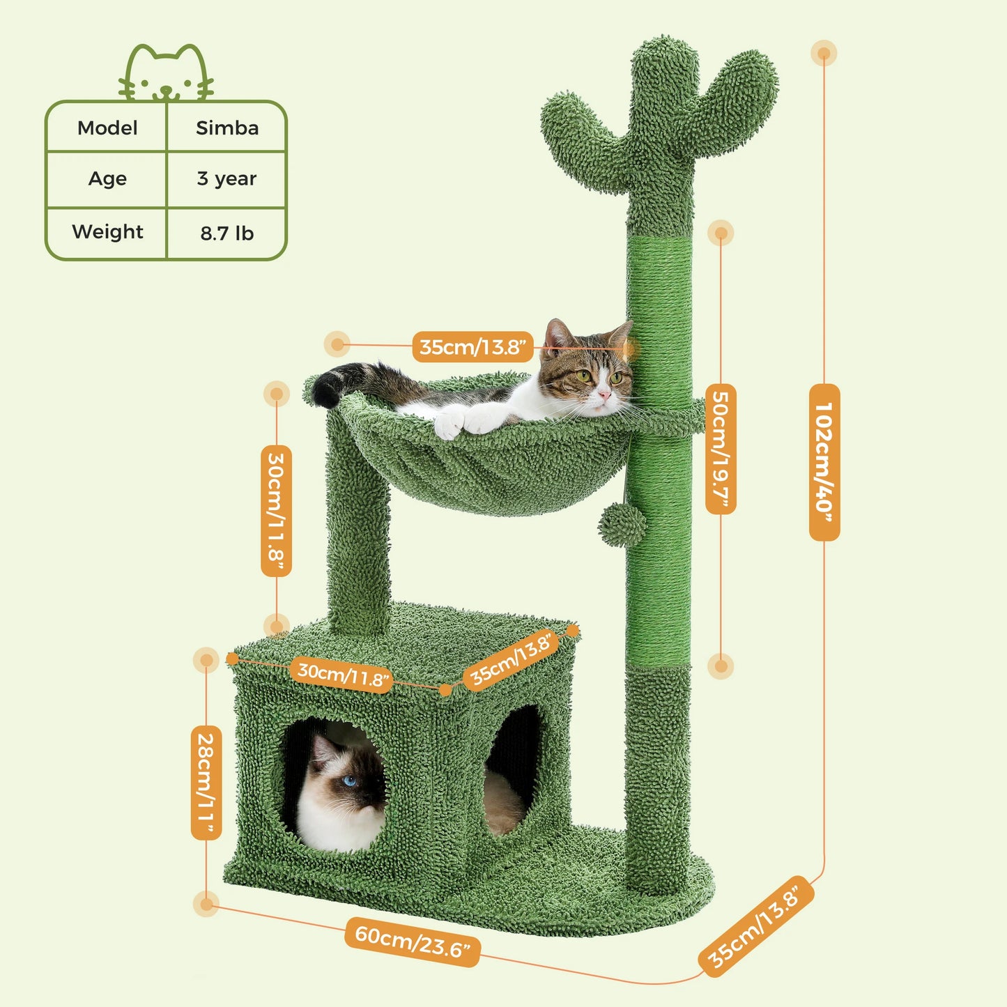 Arbre à chat en forme de cactus avec grand condo, hamac douillet, jouet suspendu et griffoirs en sisal – Tour compacte pour chats d’intérieur