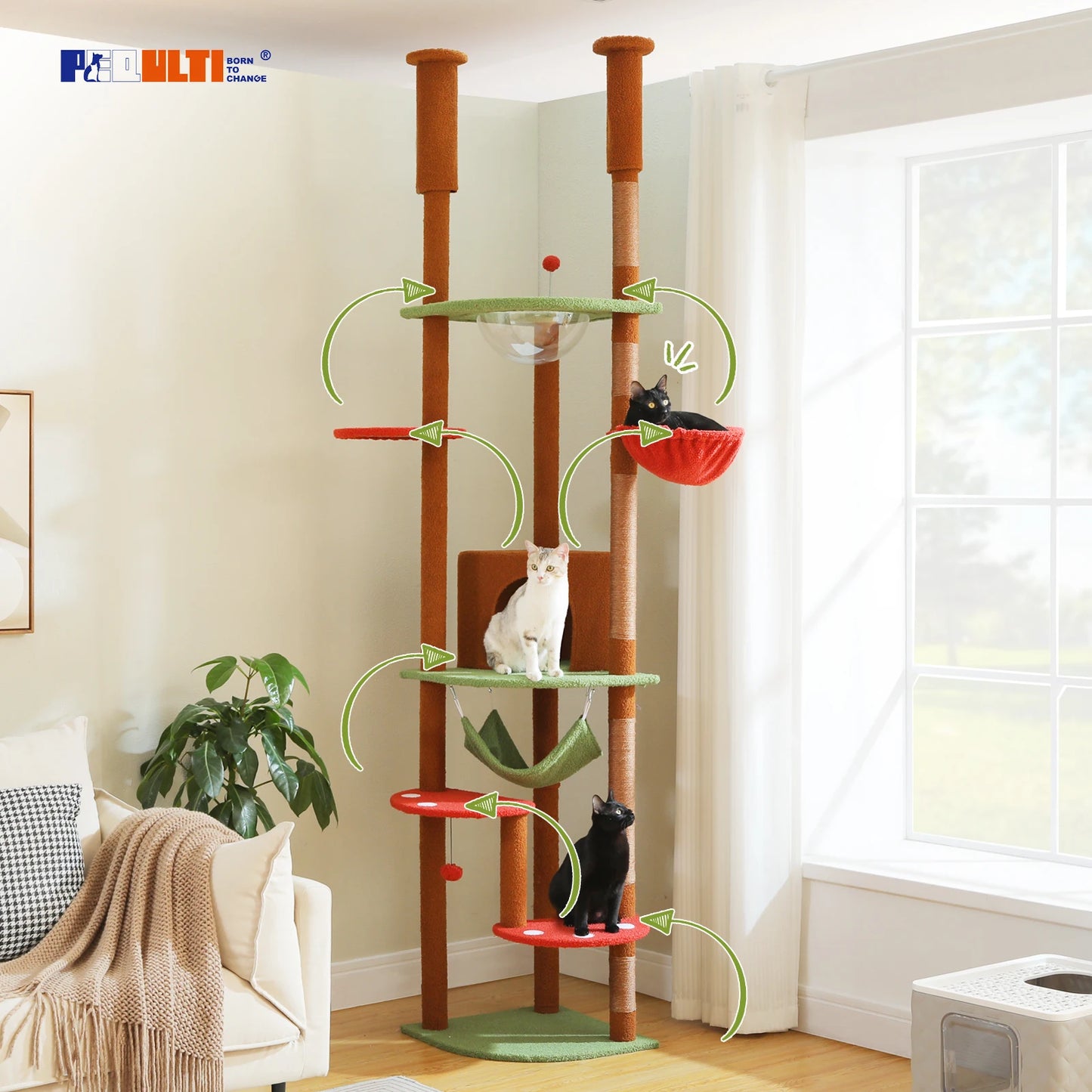 Arbre à chat fixation plafond – Tour avec griffoirs en sisal, condo douillet, hamac et hauteur réglable