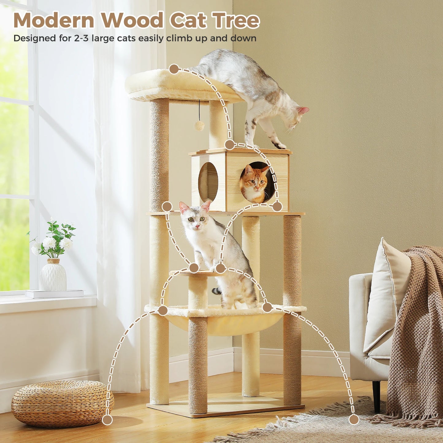 Arbre à chat en bois avec hamac et griffoirs sisal pour grands chats