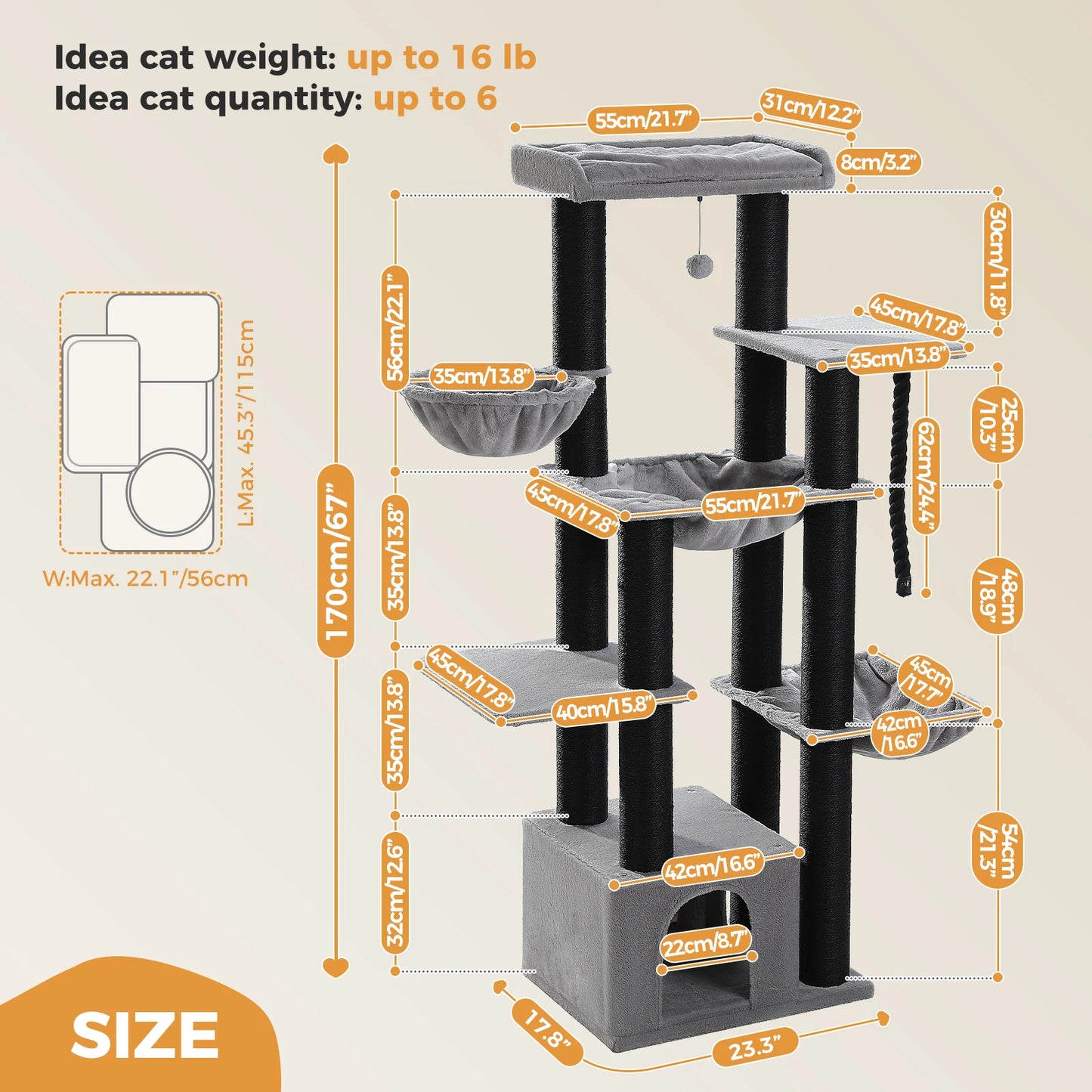 Arbre à chat XXL robuste pour grands chats – Tour avec maison, hamac, griffoirs en sisal et perchoirs multiples