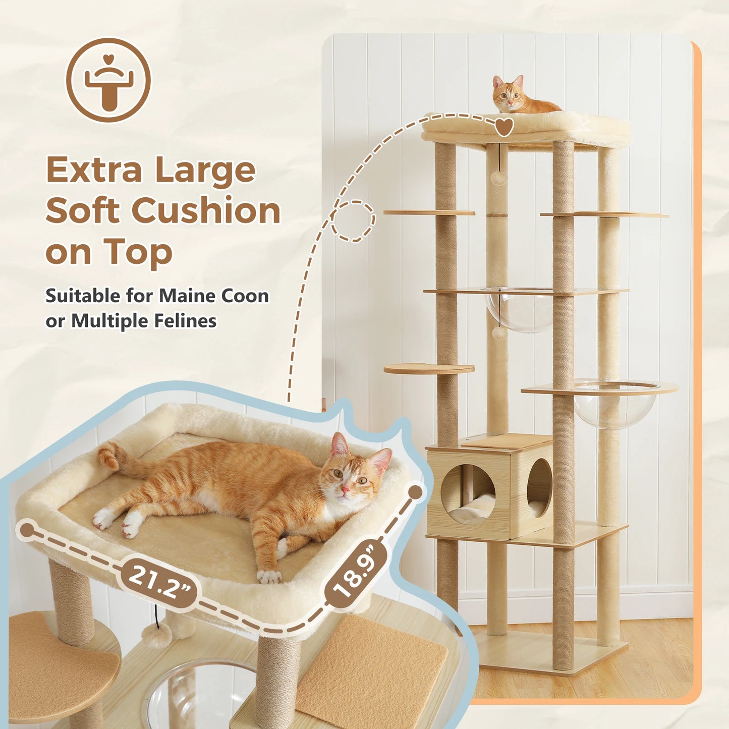 Arbre à chat en bois avec condo spacieux, hamac et griffoirs XXL