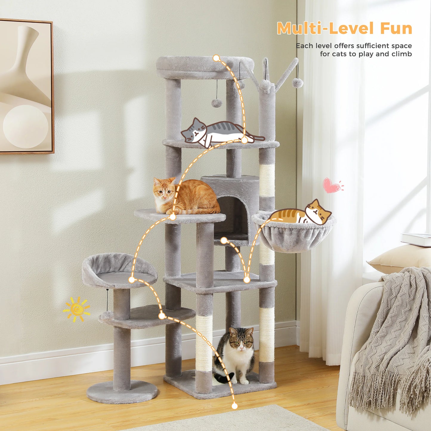 Arbre à chat XXL pour grands félins – Tour haute avec hamac géant, griffoirs en sisal et plateformes robustes