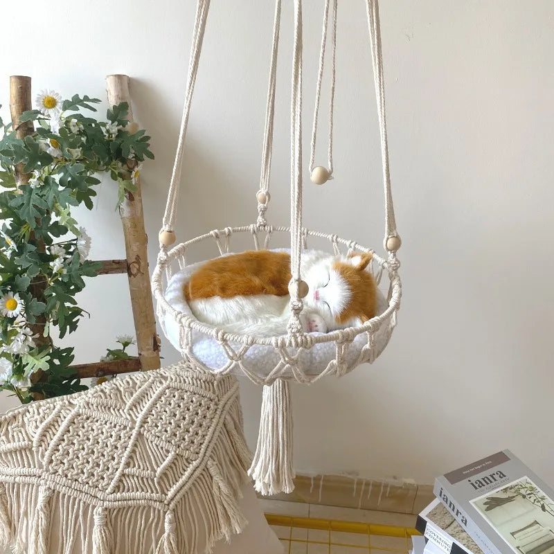 Hamac suspendu en corde pour chat – Panier tressé à accrocher en intérieur