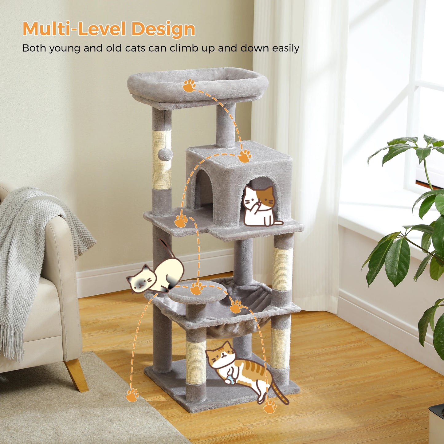 Arbre à chat 5 niveaux pour grands félins – Tour robuste avec cadre en métal, hamac XXL, condo spacieux et grand perchoir supérieur