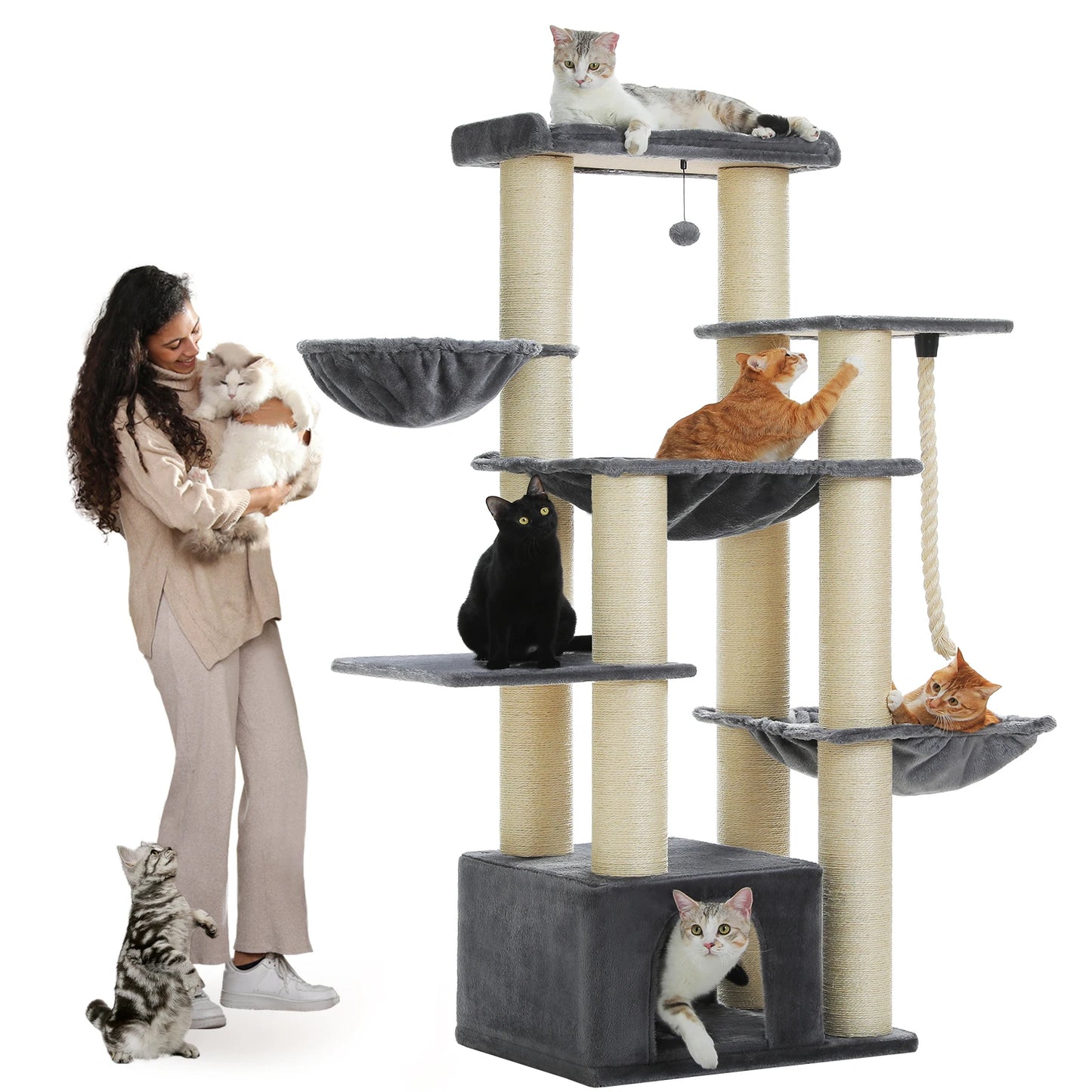 Arbre à chat XXL robuste pour grands chats – Tour avec maison, hamac, griffoirs en sisal et perchoirs multiples