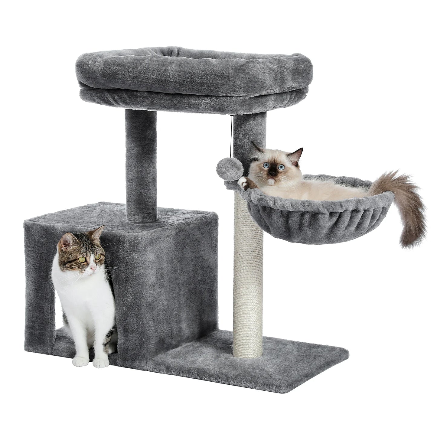 Petit arbre à chat avec griffoir en sisal naturel, grand perchoir et hamac douillet