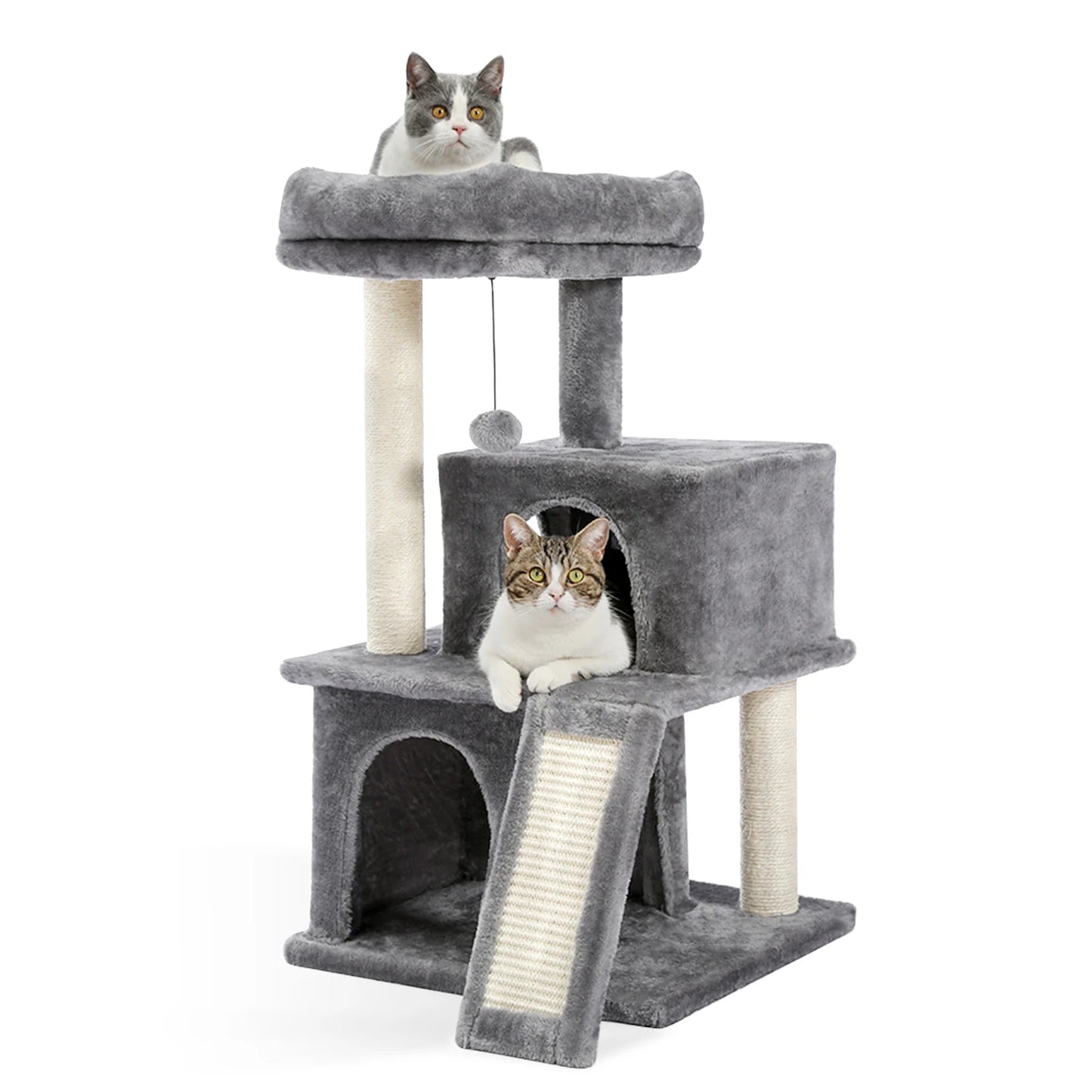 Tour en bois pour chats avec double condos – Perchoir spacieux, poteaux à griffer en sisal et jouets suspendus remplaçables