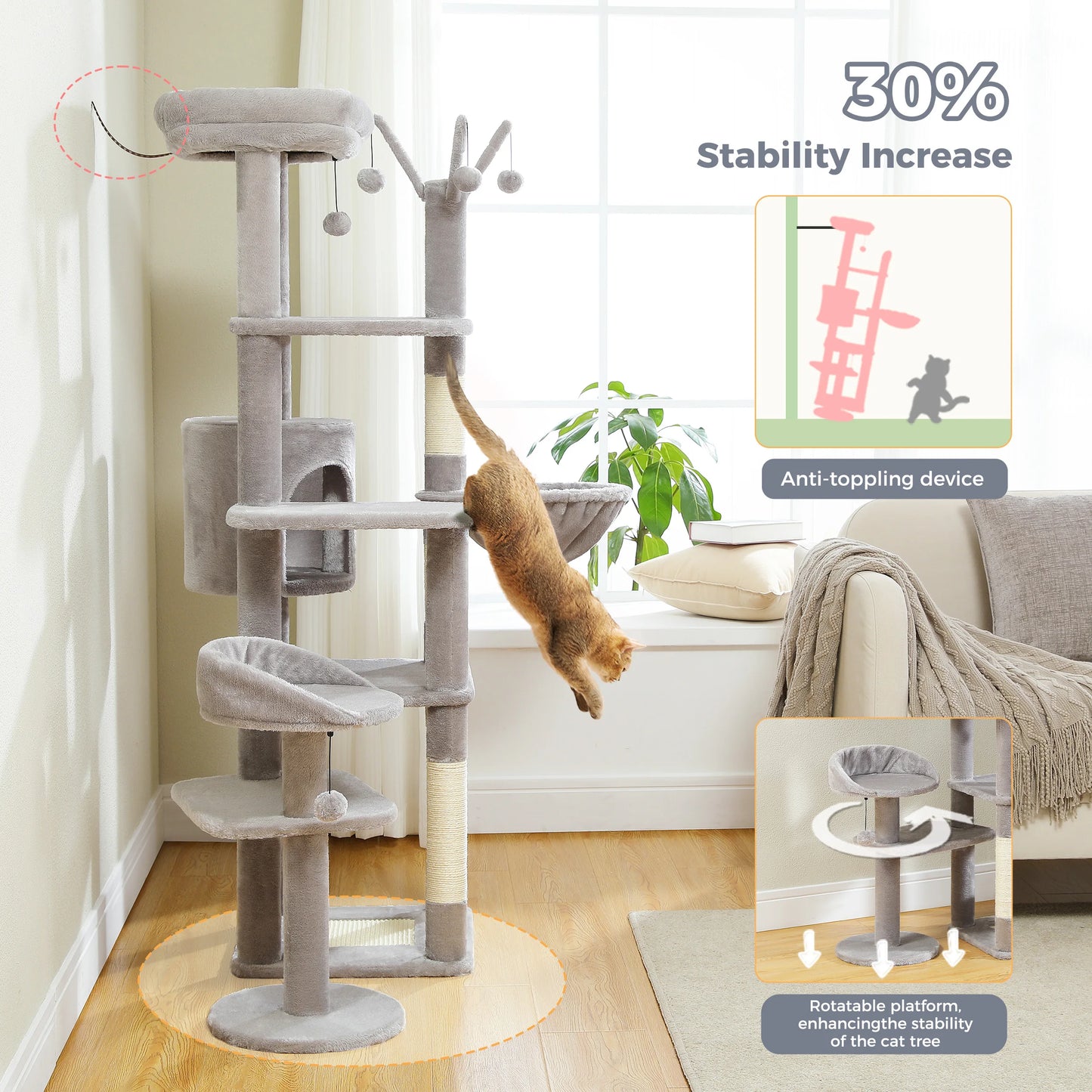 Arbre à chat XXL pour grands félins – Tour haute avec hamac géant, griffoirs en sisal et plateformes robustes